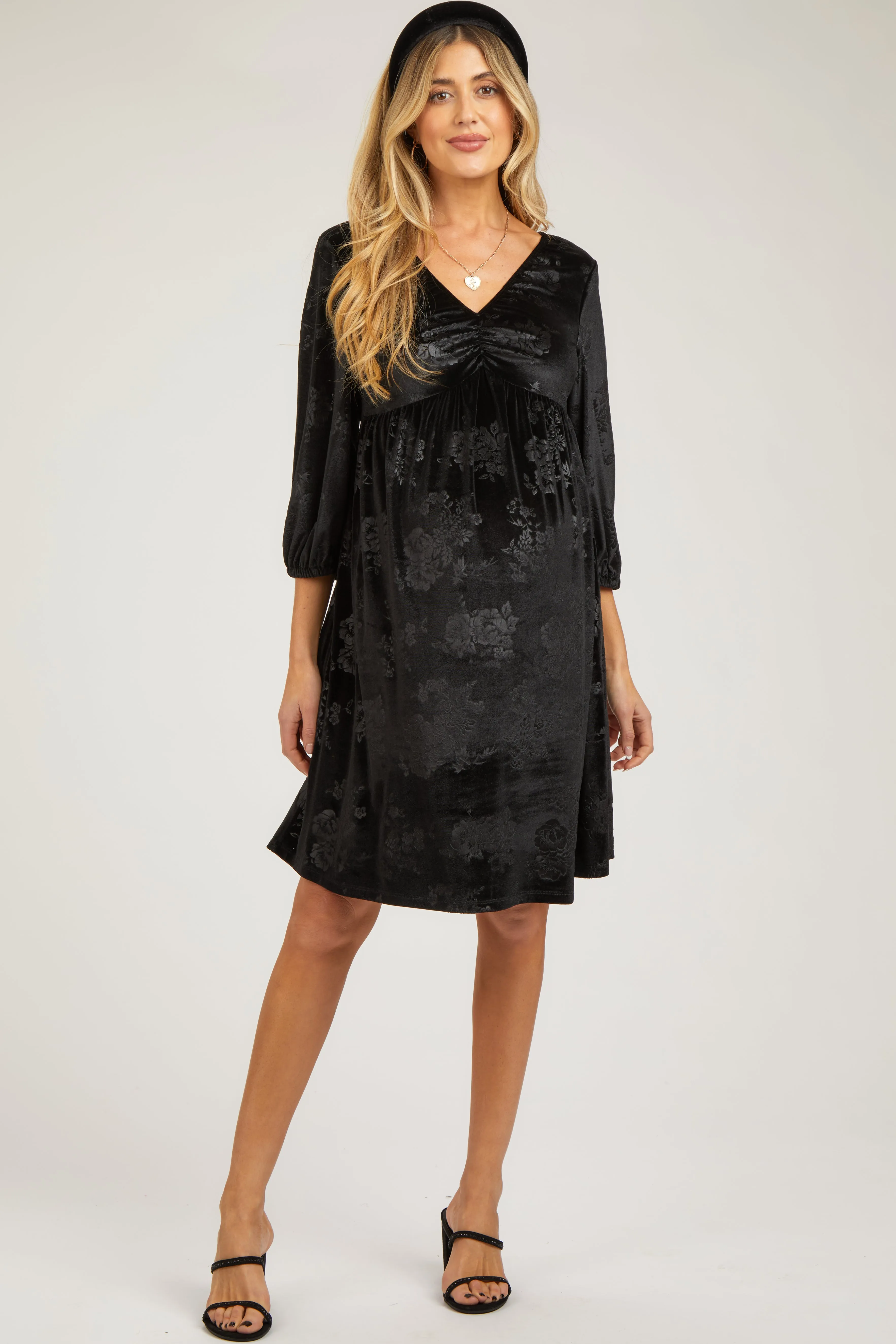 Black Velvet Floral Ruched Neck Maternity Dress sold by Pinkblush