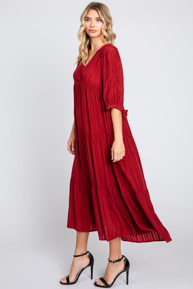 Burgundy Striped Tiered Midi Dress sold by Pinkblush product image thumbnail 3