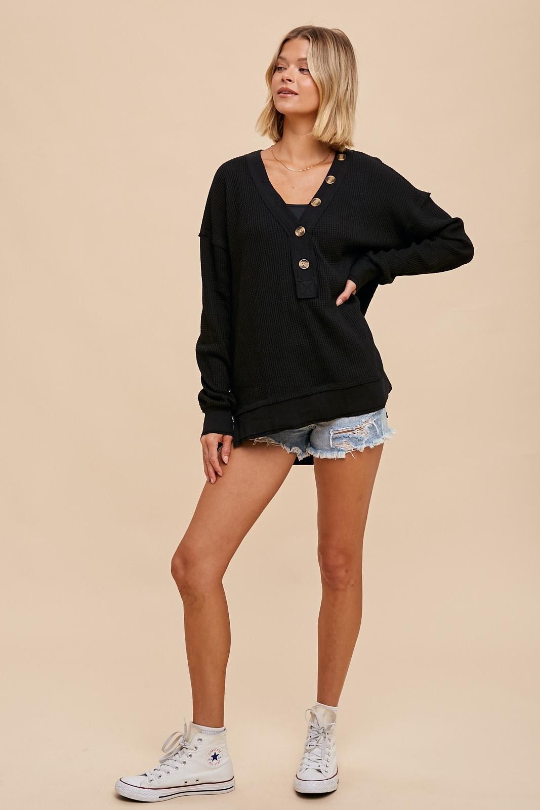 Black Waffle Knit Deep V-Neck Top sold by Pinkblush product image thumbnail 5