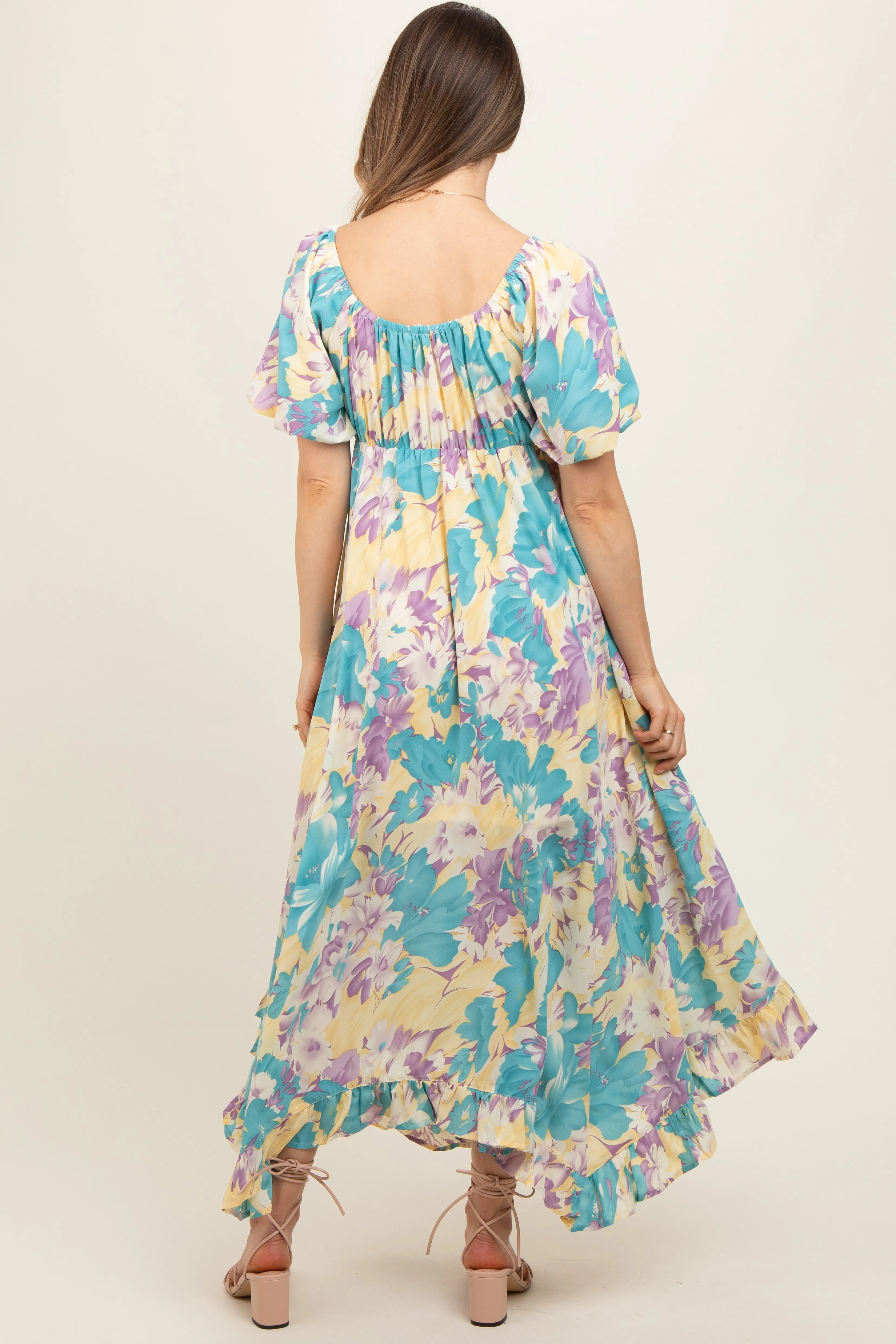 Teal Floral Puff Sleeve Handkerchief Hem Maternity Maxi Dress sold by Pinkblush product image thumbnail 3