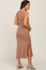 Mocha Ribbed Cutout Shoulder Side Slit Maternity Midi Dress sold by Pinkblush