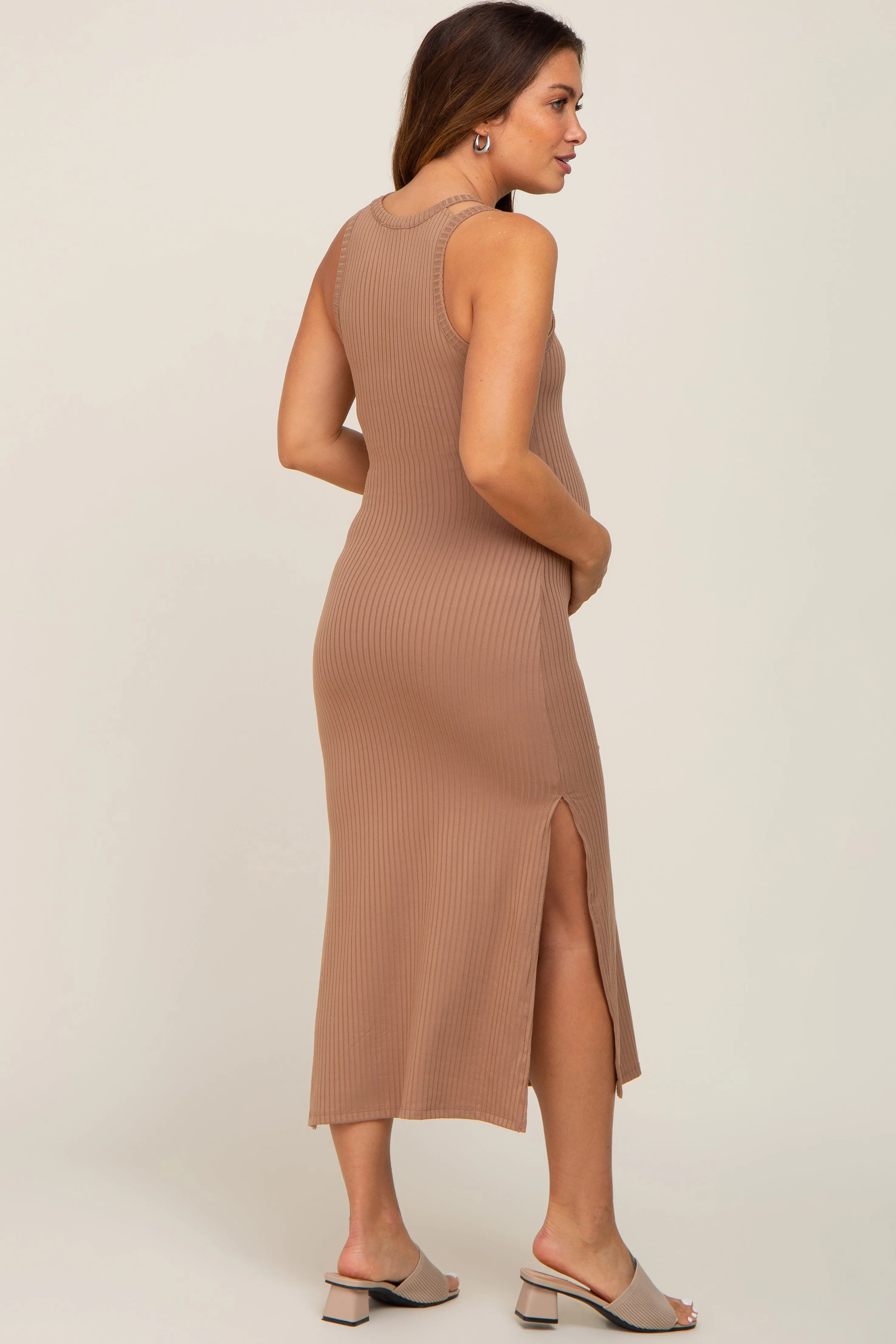 Mocha Ribbed Cutout Shoulder Side Slit Maternity Midi Dress sold by Pinkblush product image thumbnail 3