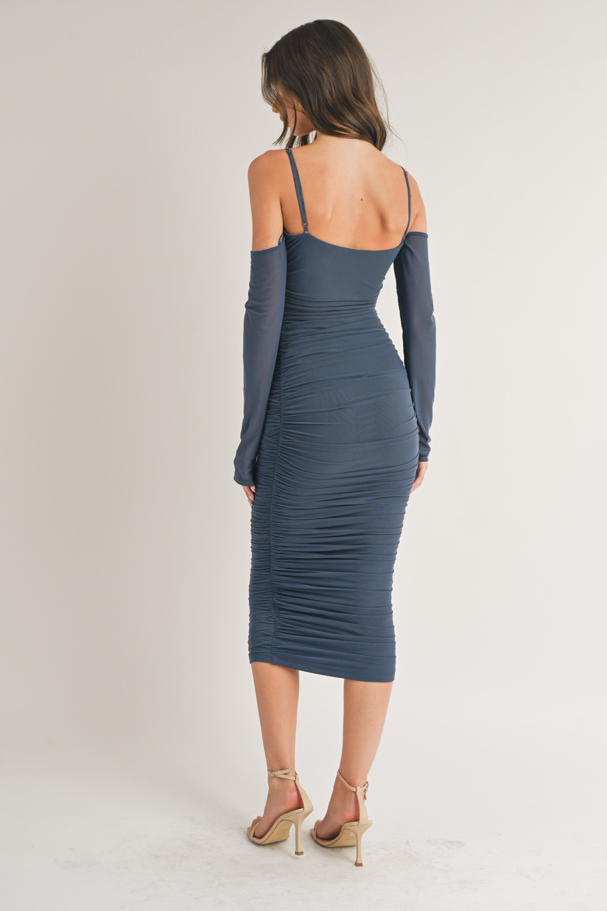 Navy Mesh Ruched Long Sleeve Midi Dress sold by Pinkblush product image thumbnail 3