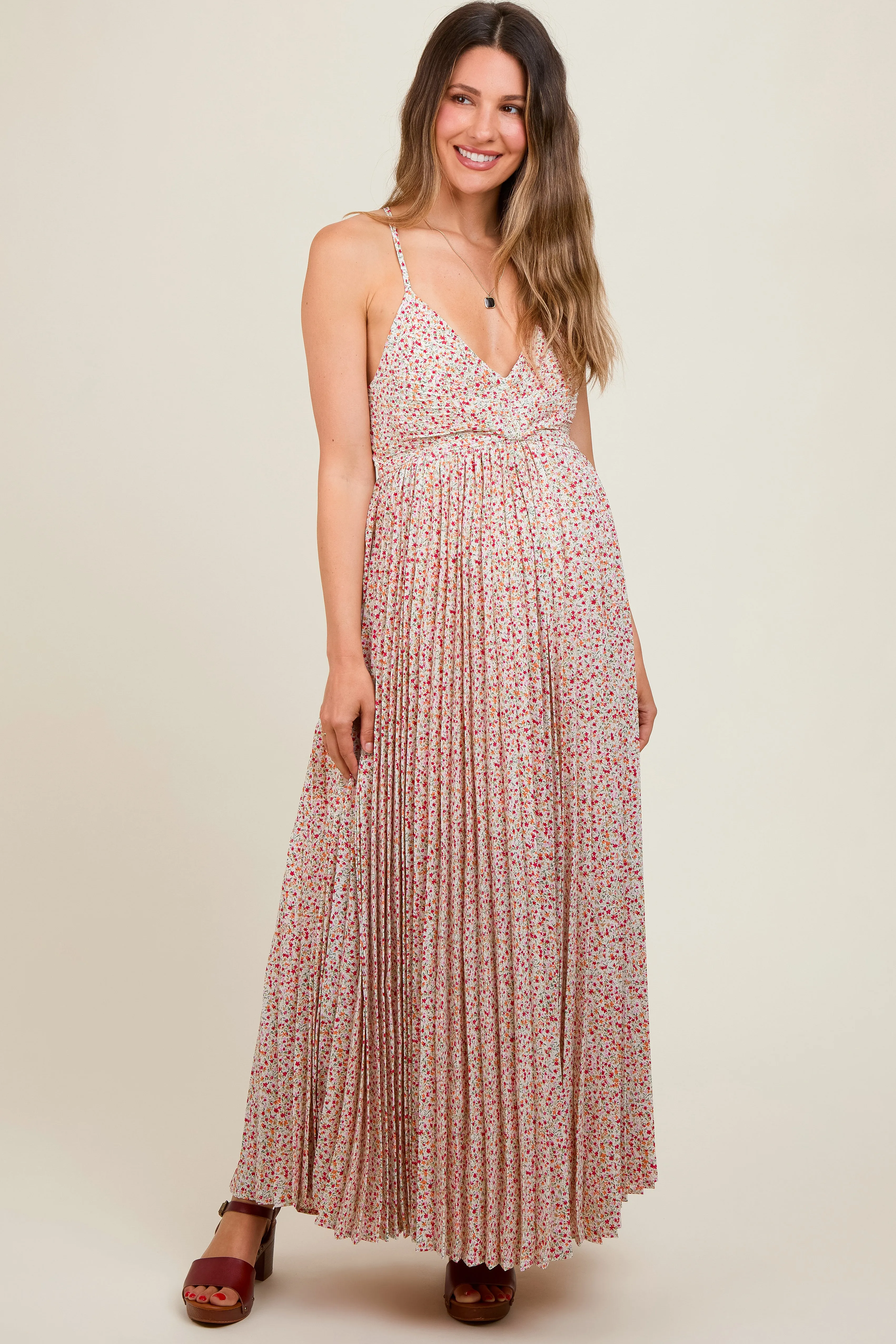 Coral Floral Pleated Cutout Back Maternity Maxi Dress sold by Pinkblush product image thumbnail 2