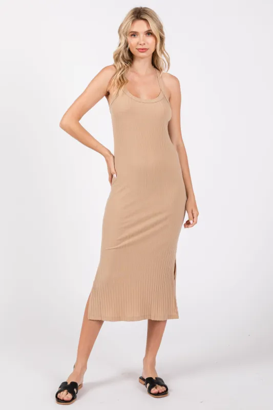 Beige Ribbed Racerback Midi Dress sold by Pinkblush