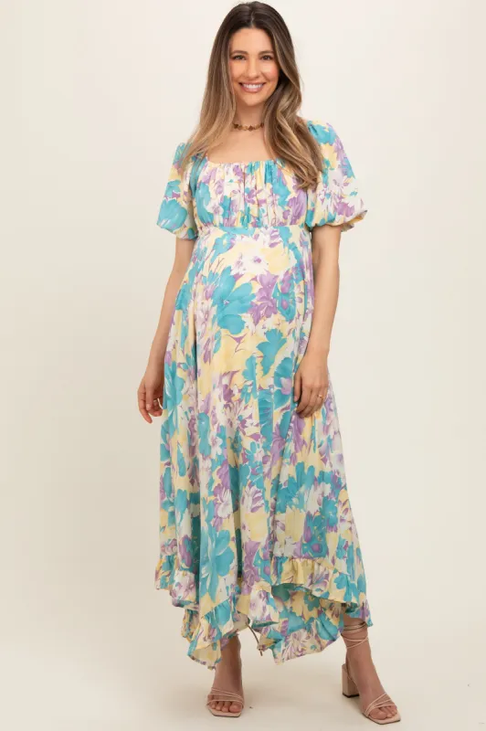 Teal Floral Puff Sleeve Handkerchief Hem Maternity Maxi Dress sold by Pinkblush
