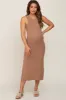 Mocha Ribbed Cutout Shoulder Side Slit Maternity Midi Dress sold by Pinkblush