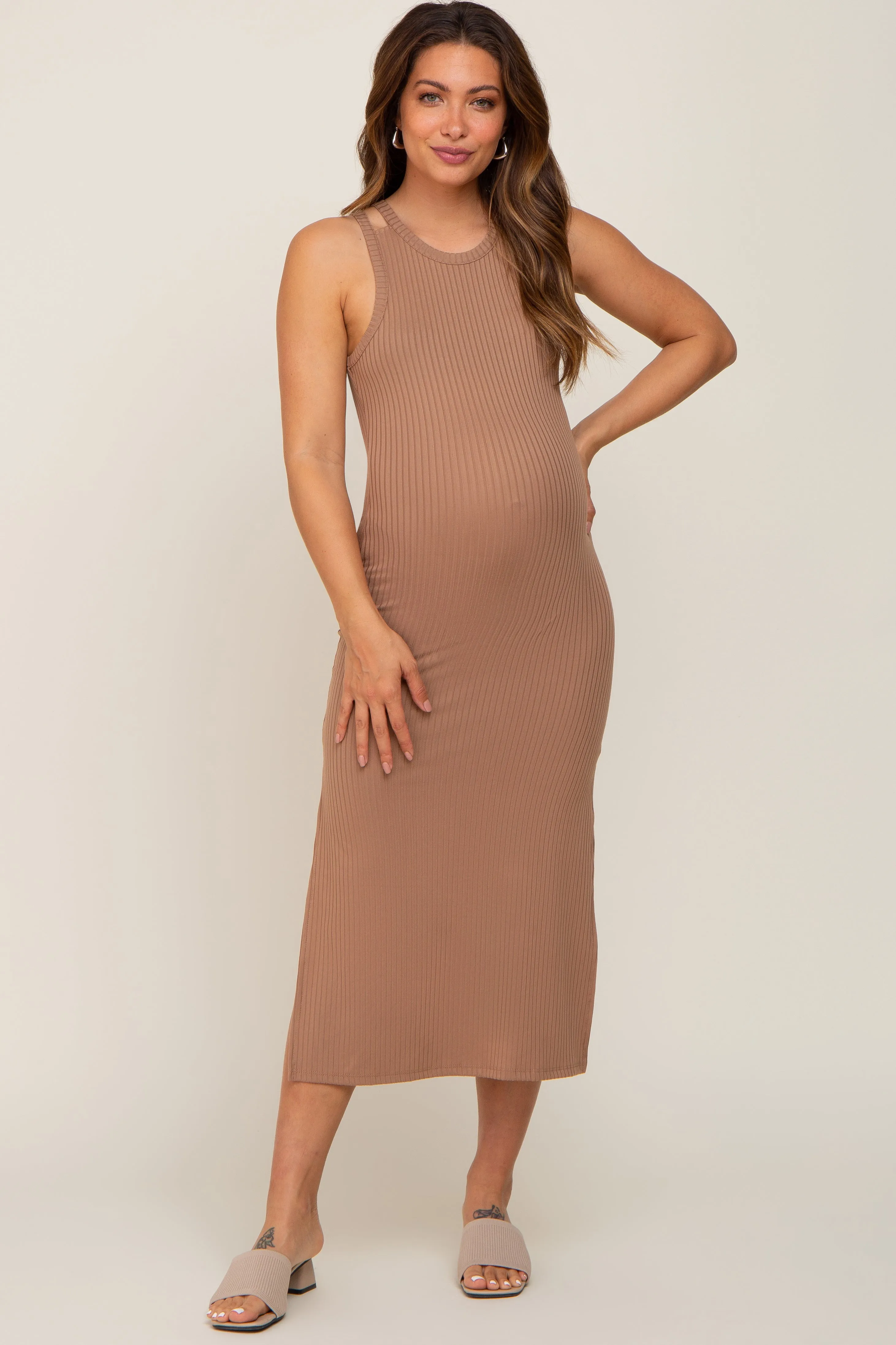 Mocha Ribbed Cutout Shoulder Side Slit Maternity Midi Dress sold by Pinkblush product image thumbnail 4