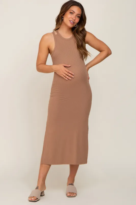 Mocha Ribbed Cutout Shoulder Side Slit Maternity Midi Dress sold by Pinkblush