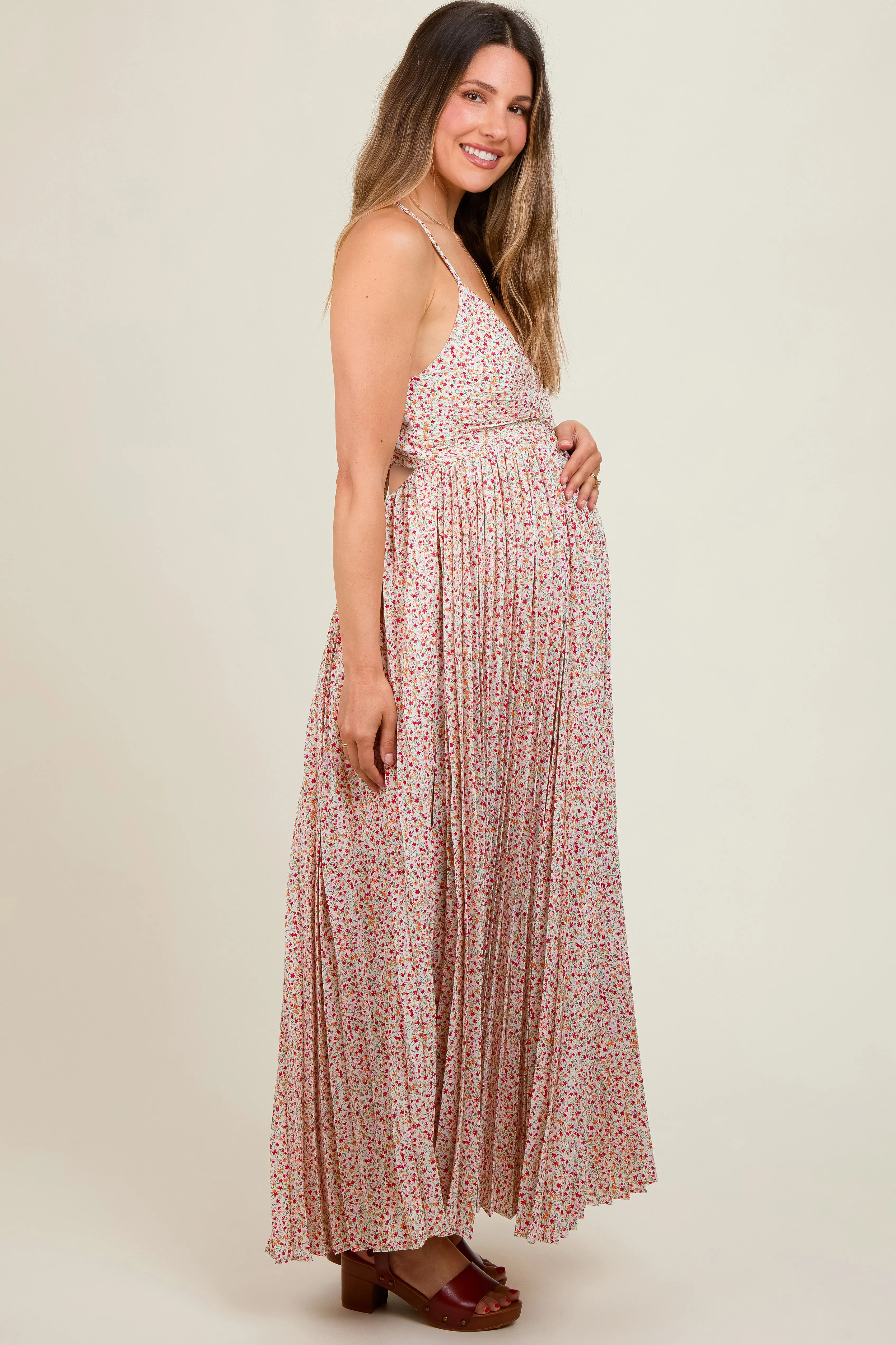 Coral Floral Pleated Cutout Back Maternity Maxi Dress sold by Pinkblush product image thumbnail 3