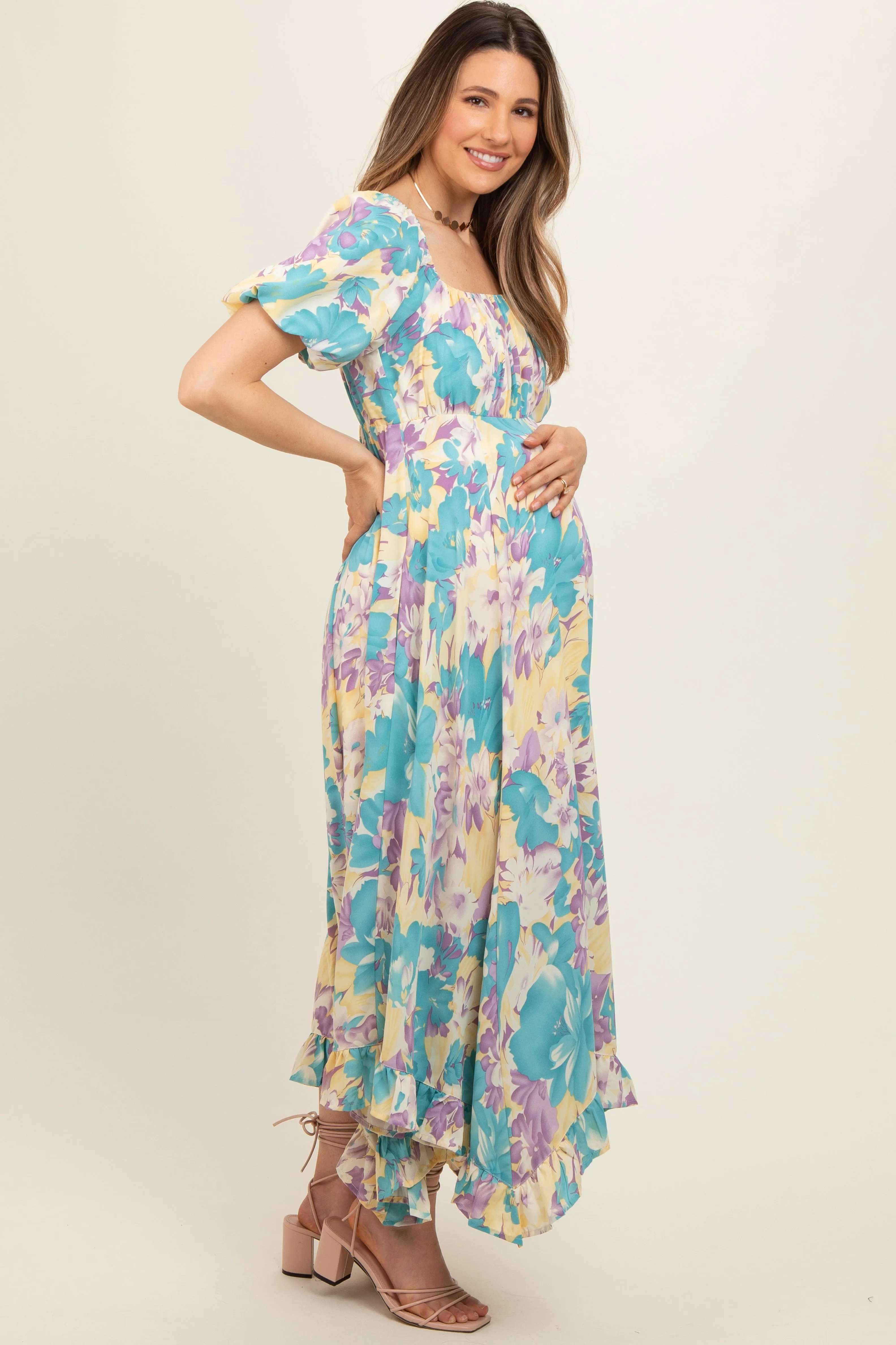 Teal Floral Puff Sleeve Handkerchief Hem Maternity Maxi Dress sold by Pinkblush product image thumbnail 2
