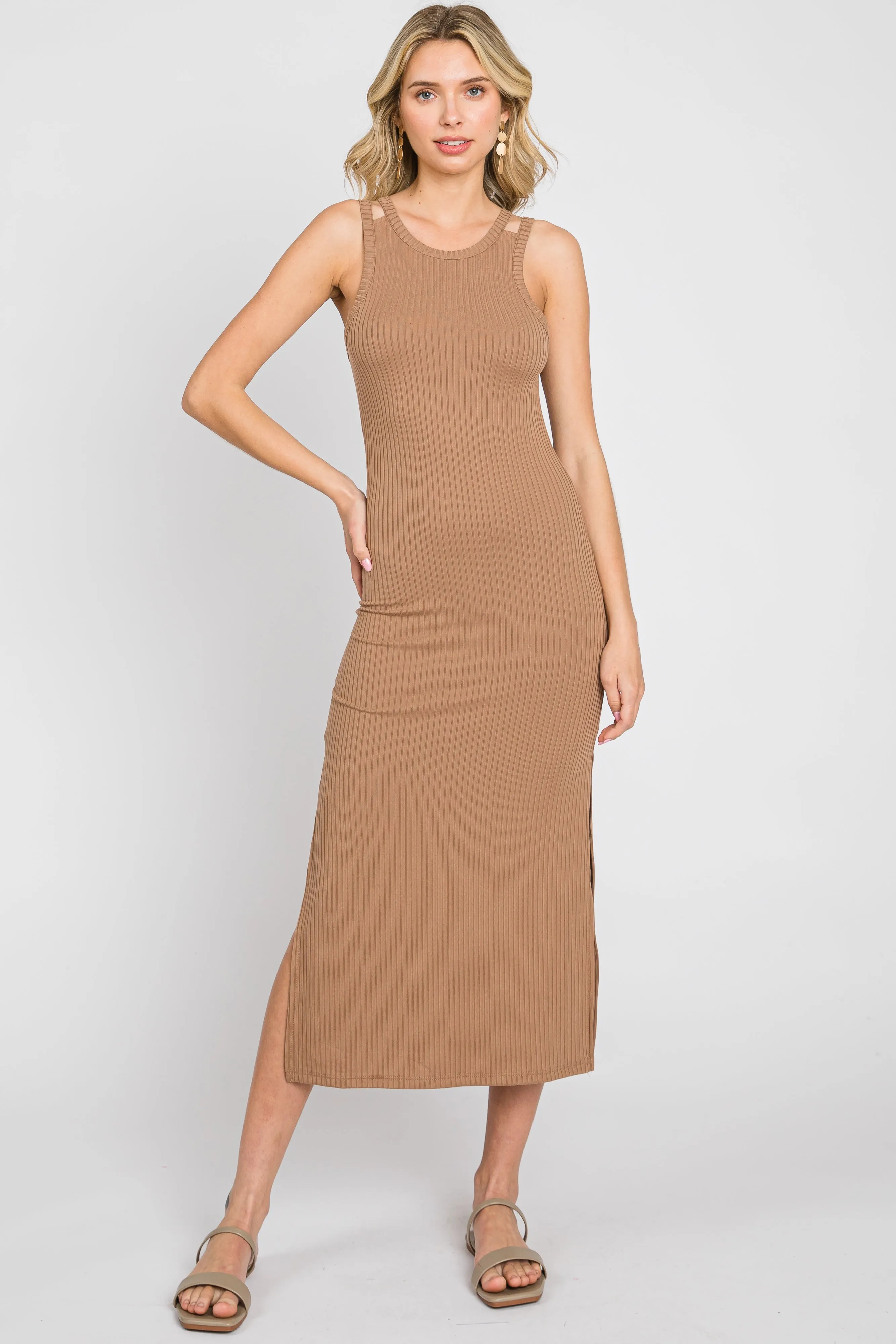 Mocha Ribbed Cutout Shoulder Side Slit Maternity Midi Dress sold by Pinkblush product image thumbnail 5