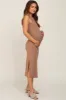 Mocha Ribbed Cutout Shoulder Side Slit Maternity Midi Dress sold by Pinkblush