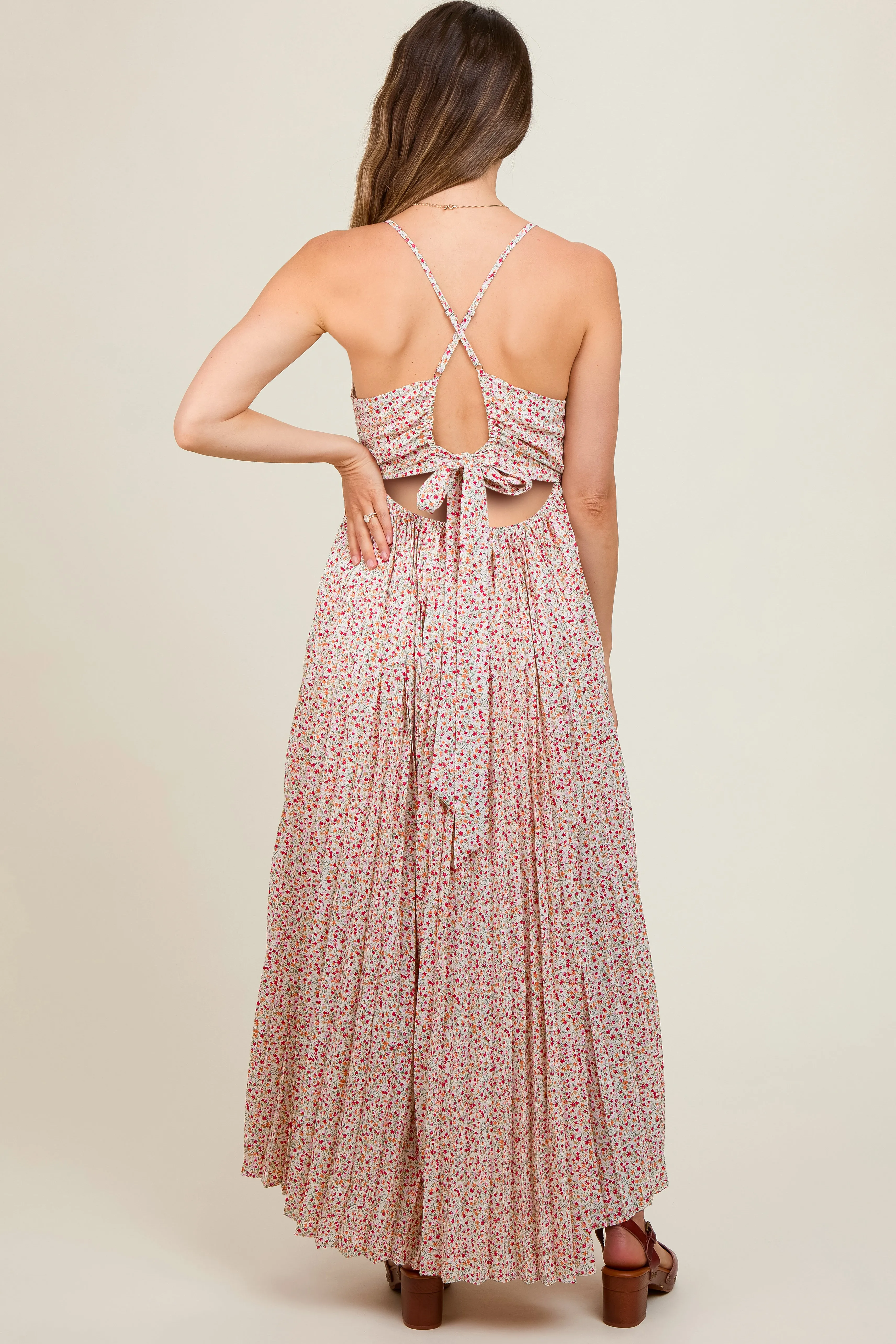 Coral Floral Pleated Cutout Back Maternity Maxi Dress sold by Pinkblush product image thumbnail 4