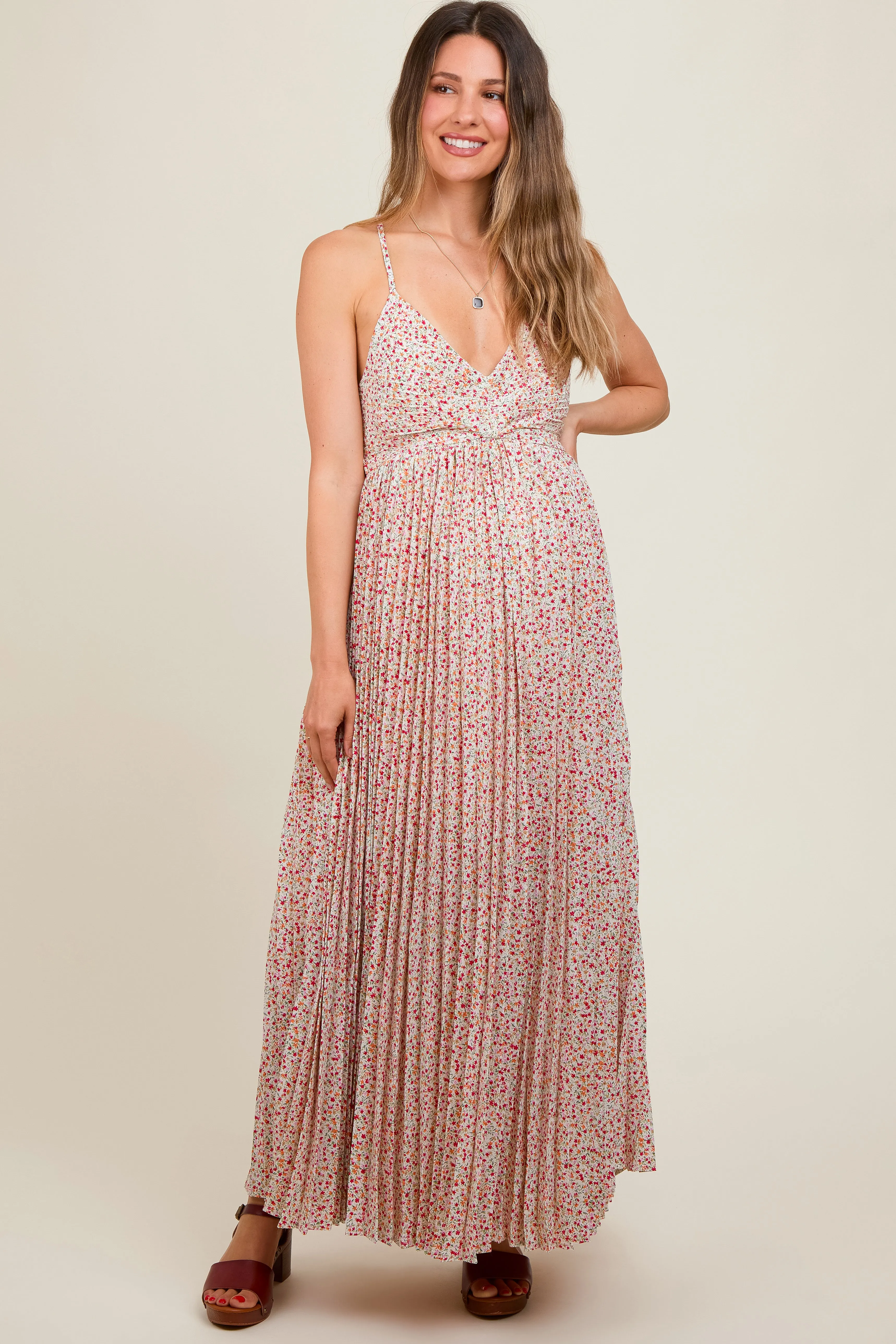 Coral Floral Pleated Cutout Back Maternity Maxi Dress sold by Pinkblush