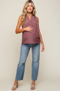 Mauve Sleeveless Front Button Maternity Top sold by Pinkblush