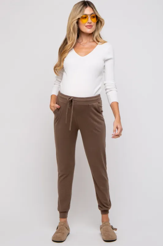 Mocha Ultra Soft Knit Drawstring Maternity Joggers sold by Pinkblush