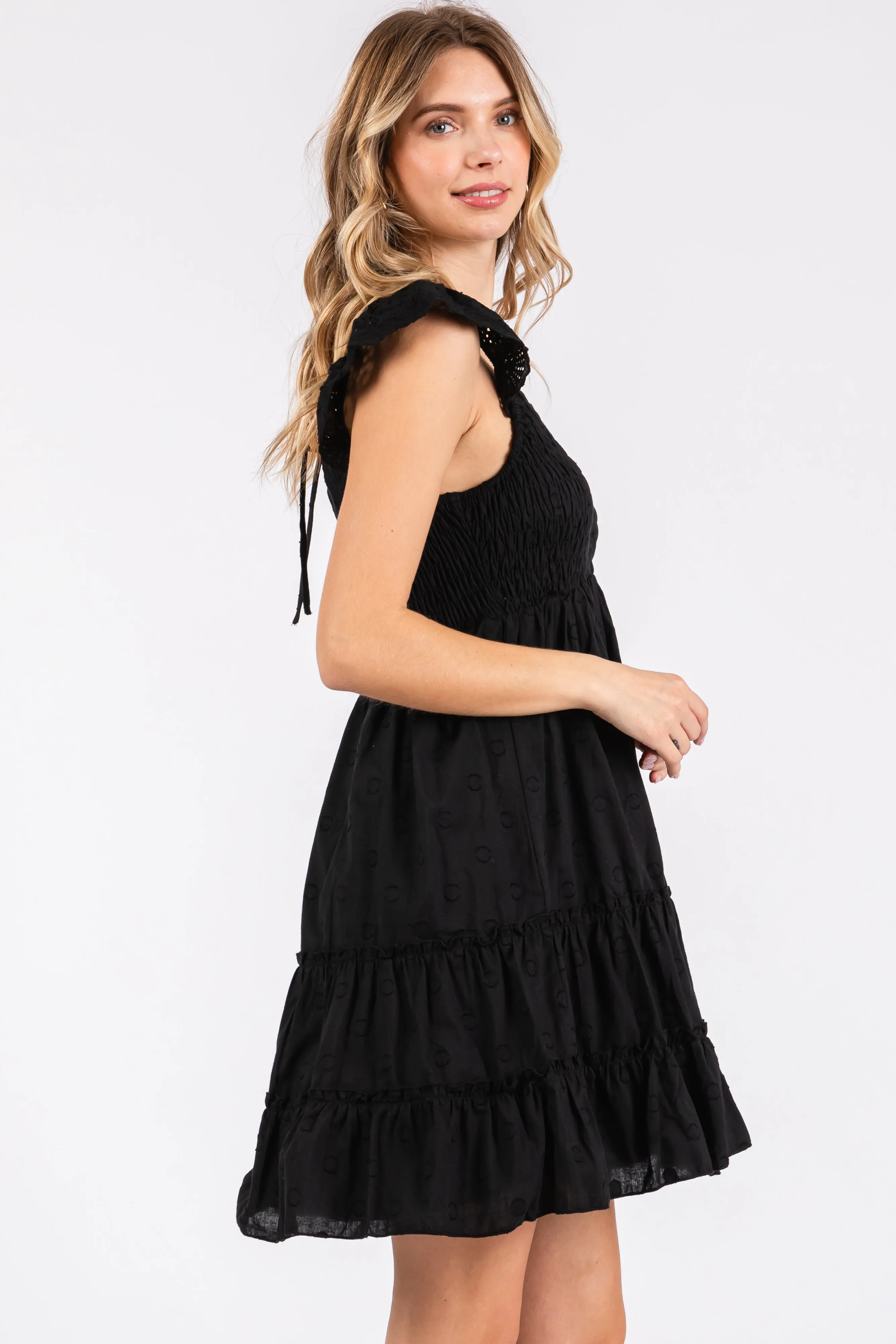 Black Textured Polka Dot Eyelet Shoulder V-Neck Dress sold by Pinkblush product image thumbnail 3