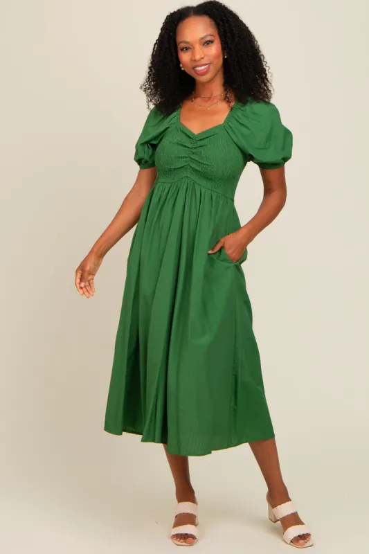 Forest Green Smocked Midi Dress sold by Pinkblush