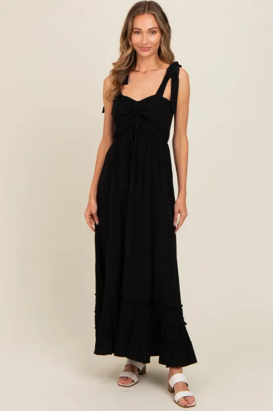 Black Sweetheart Neck Smocked Shoulder Tie Maxi Dress sold by Pinkblush