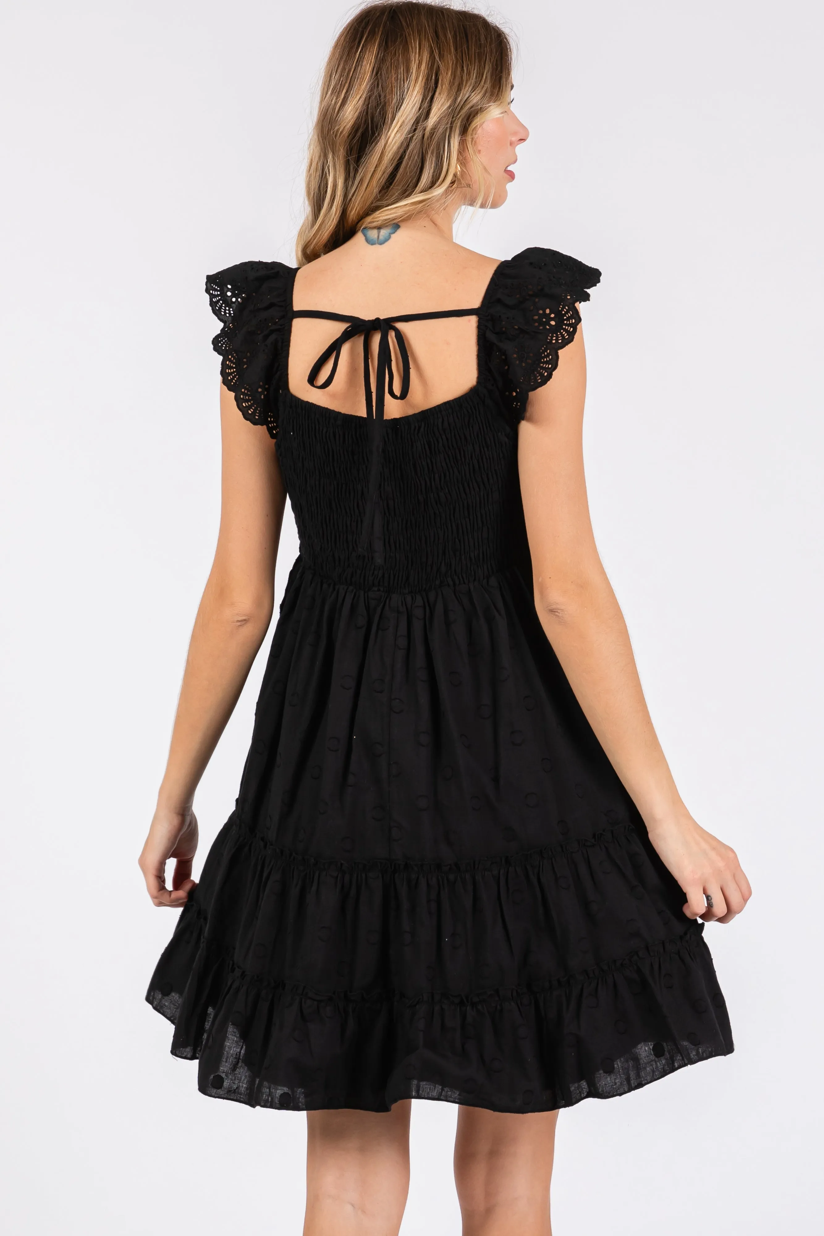 Black Textured Polka Dot Eyelet Shoulder V-Neck Dress sold by Pinkblush product image thumbnail 4