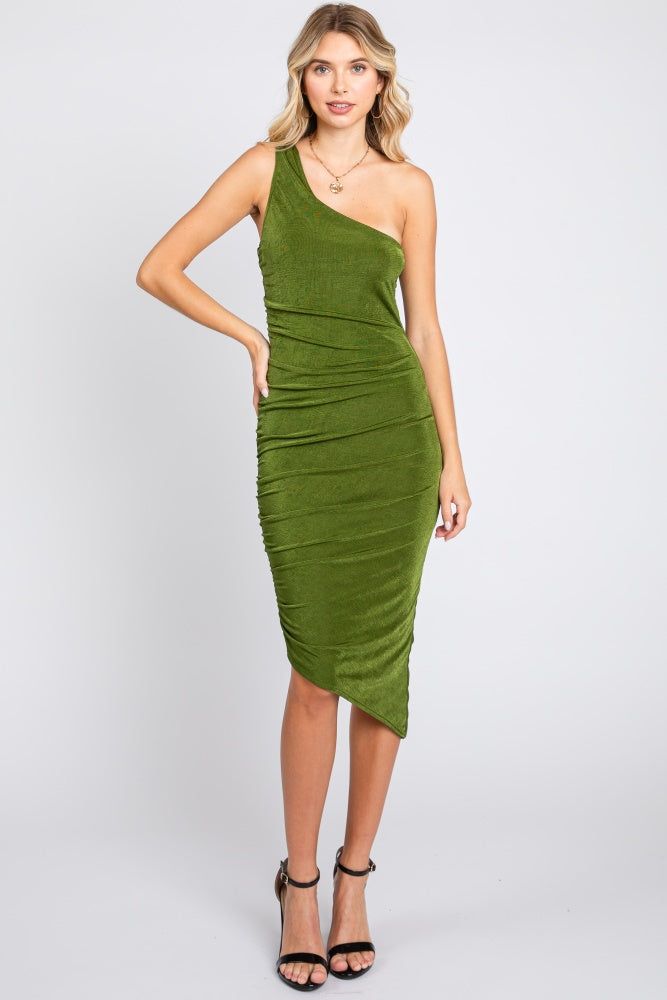 Olive One Shoulder Asymmetrical Hem Maternity Midi Dress sold by Pinkblush product image thumbnail 5