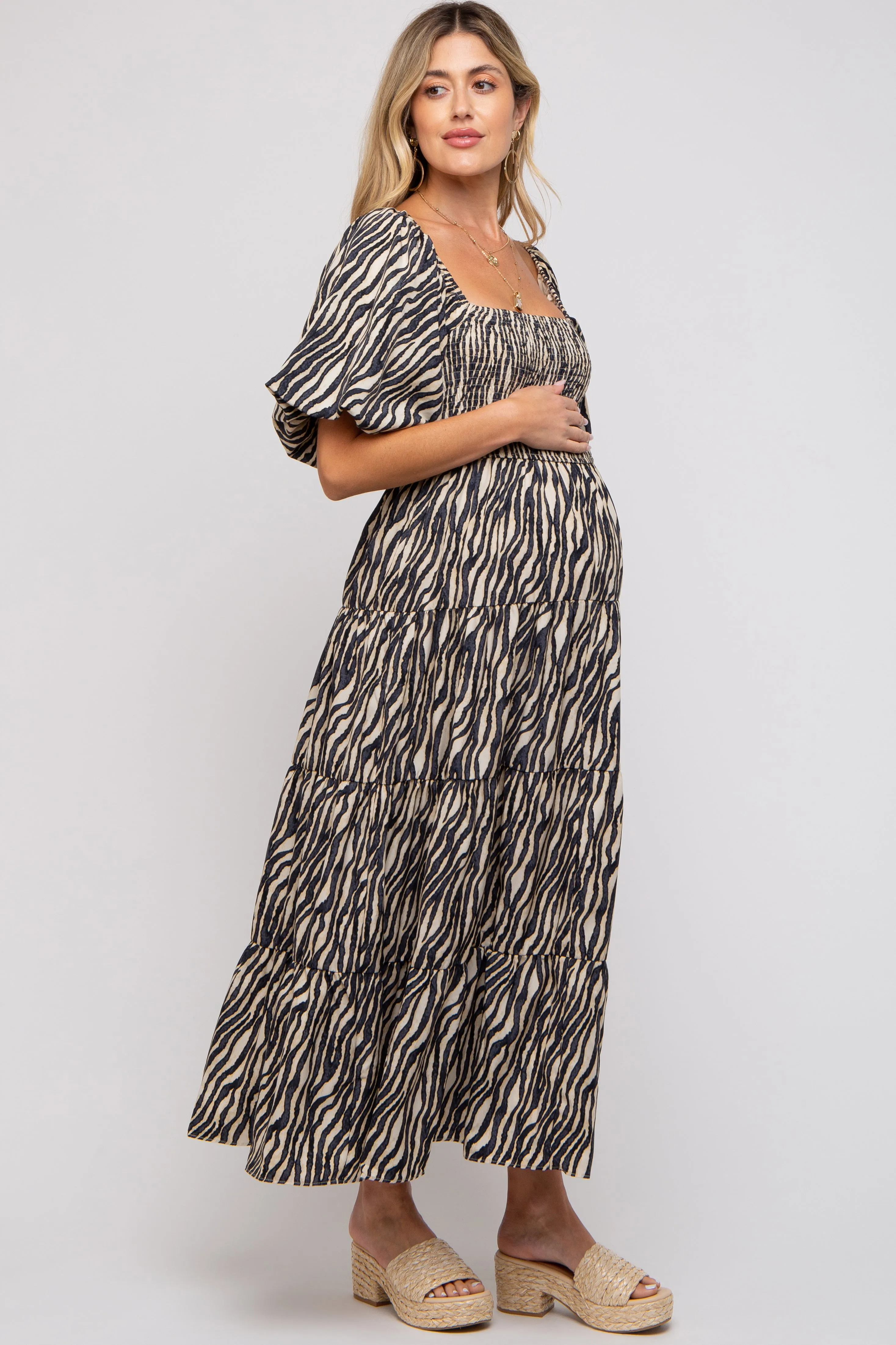 Charcoal Printed Smocked Maternity Maxi Dress sold by Pinkblush