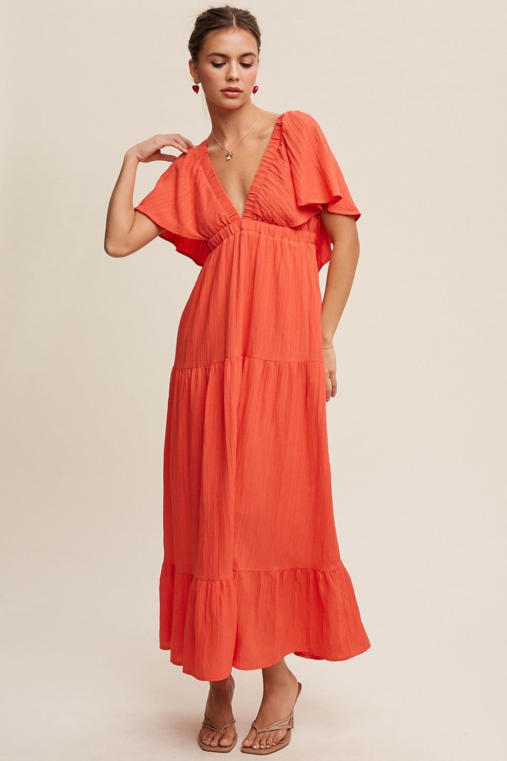 Coral Deep V-Neck Flutter Sleeve Tiered Midi Dress sold by Pinkblush product image thumbnail 2
