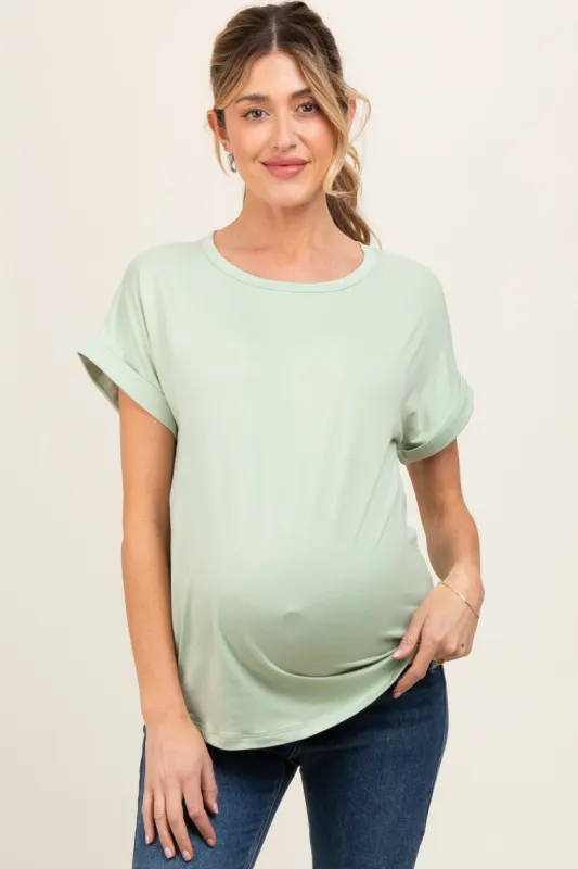 Light Olive Rolled Cuff Maternity Short Sleeve Top sold by Pinkblush