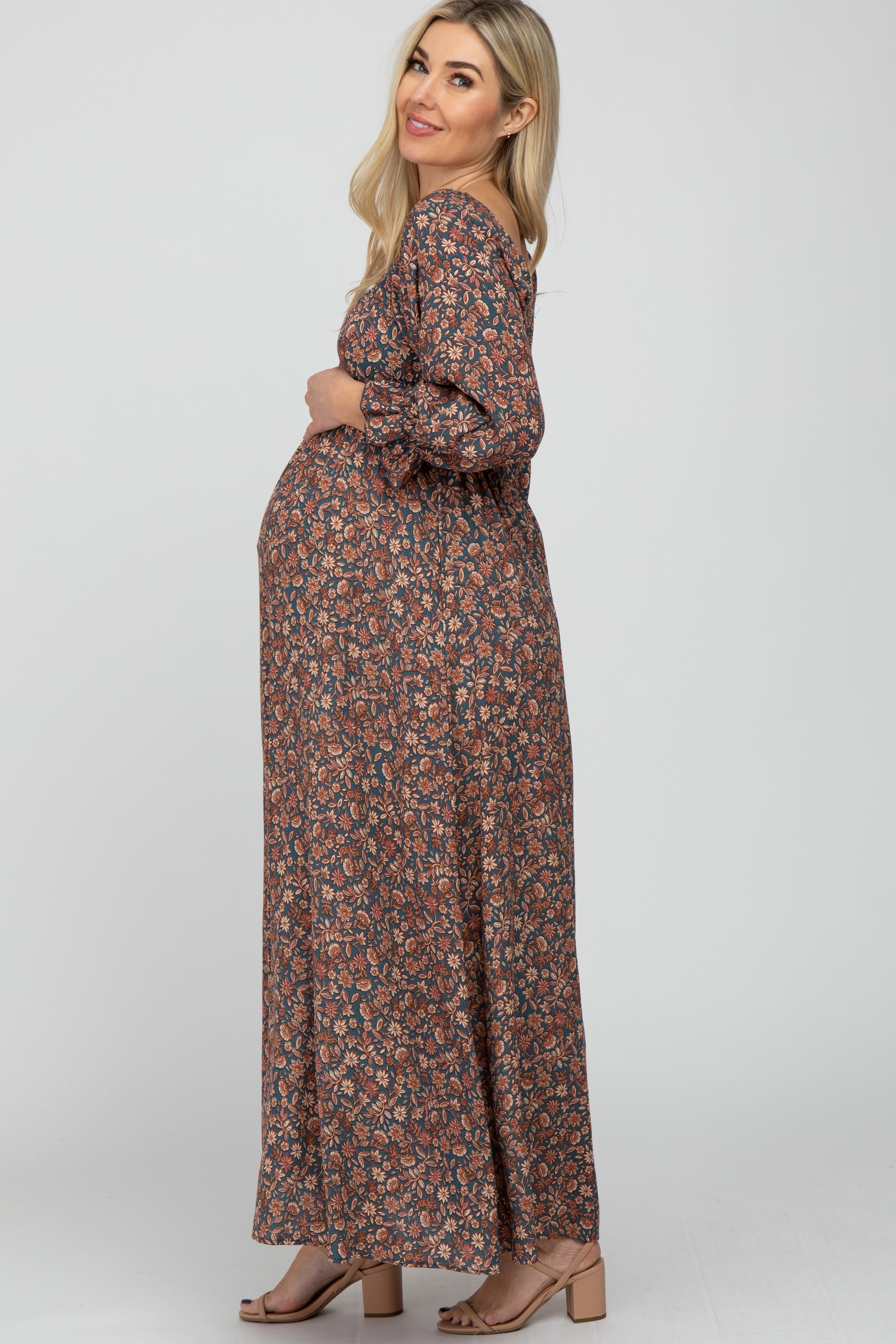 Teal Floral Maternity Maxi Dress sold by Pinkblush product image thumbnail 2