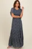 Navy Blue Floral Smocked Flutter Sleeve Maternity Maxi Dress sold by Pinkblush