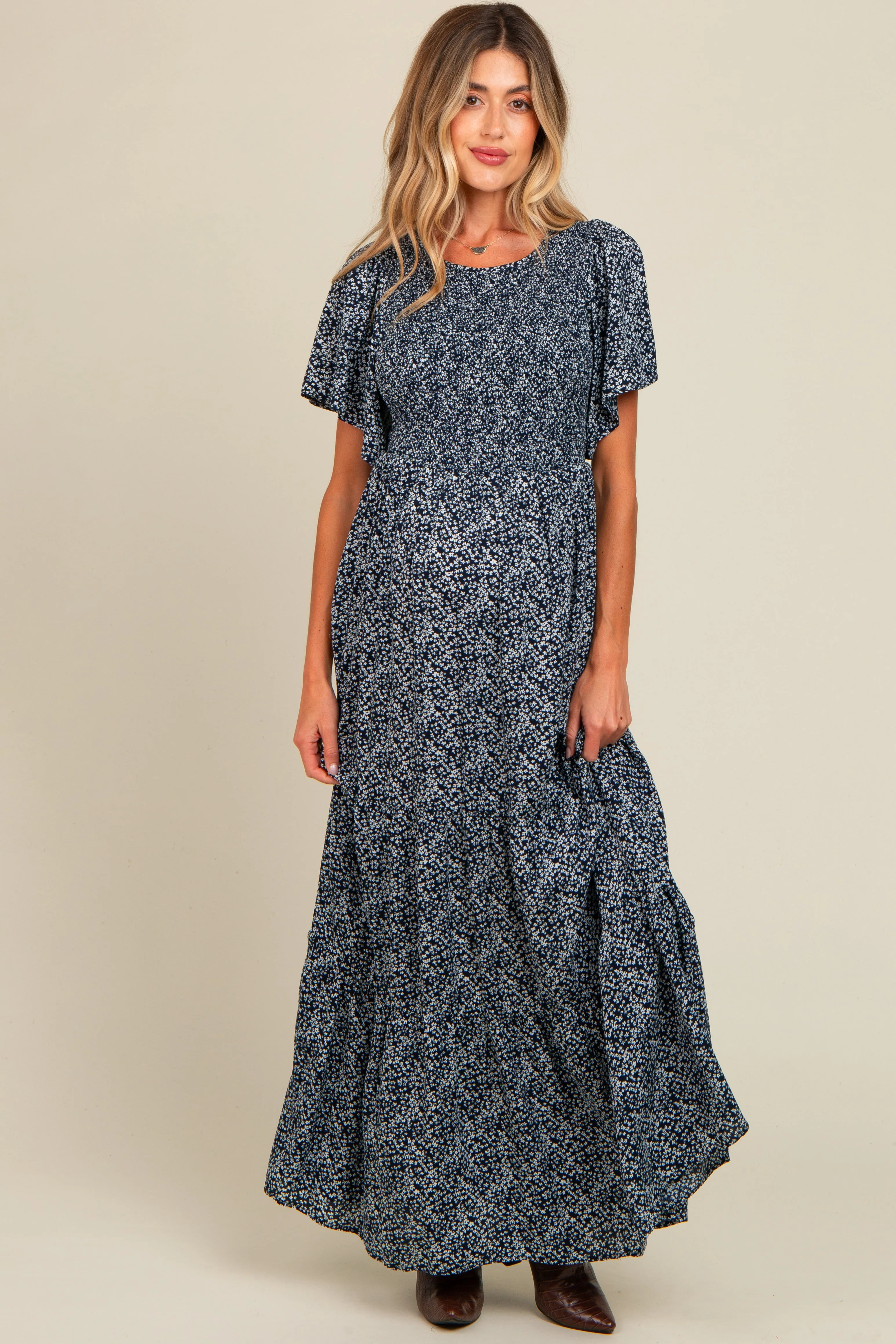 Navy Blue Floral Smocked Flutter Sleeve Maternity Maxi Dress sold by Pinkblush product image thumbnail 2