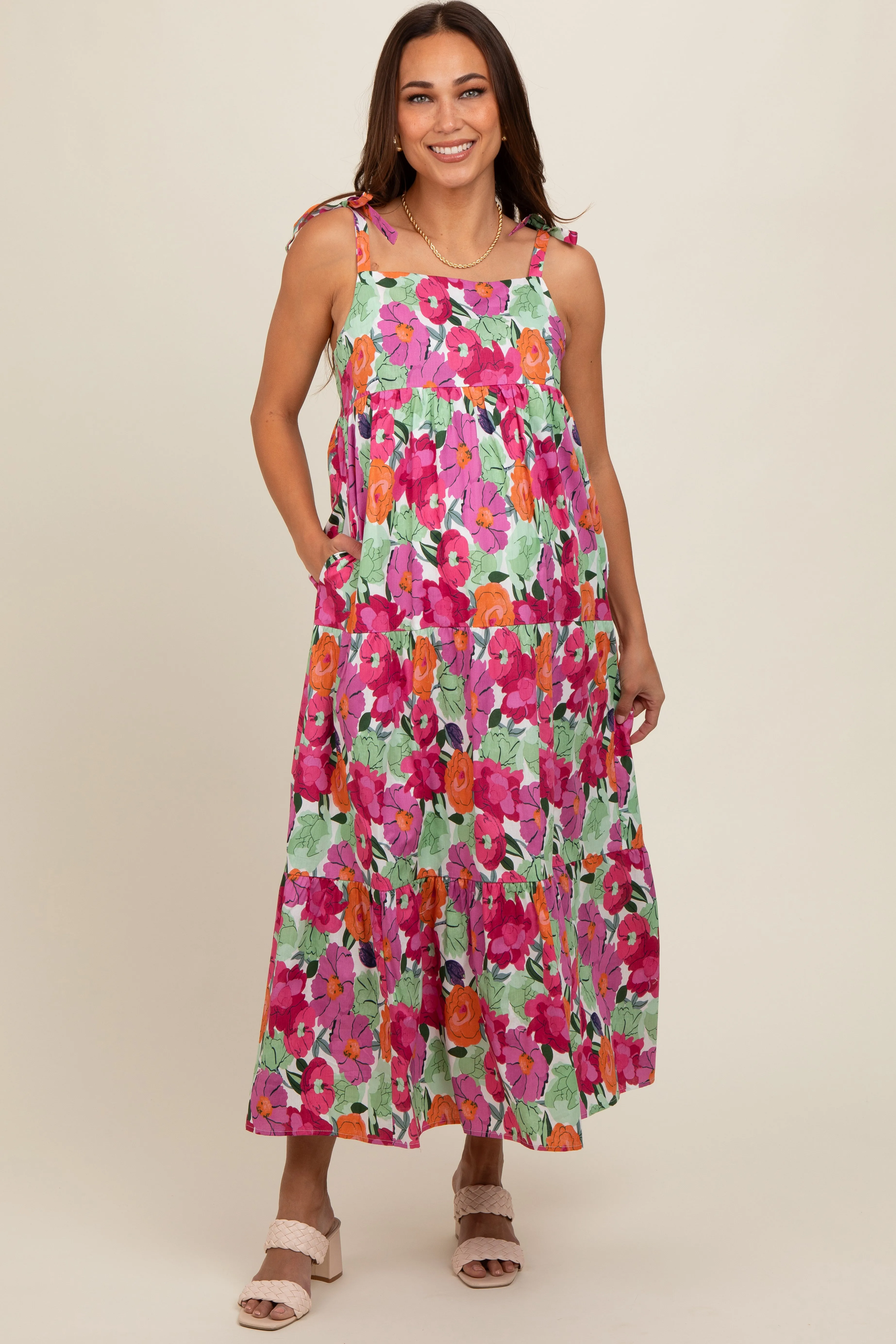 Multi-Color Floral Shoulder Tie Tiered Maternity Midi Dress sold by Pinkblush