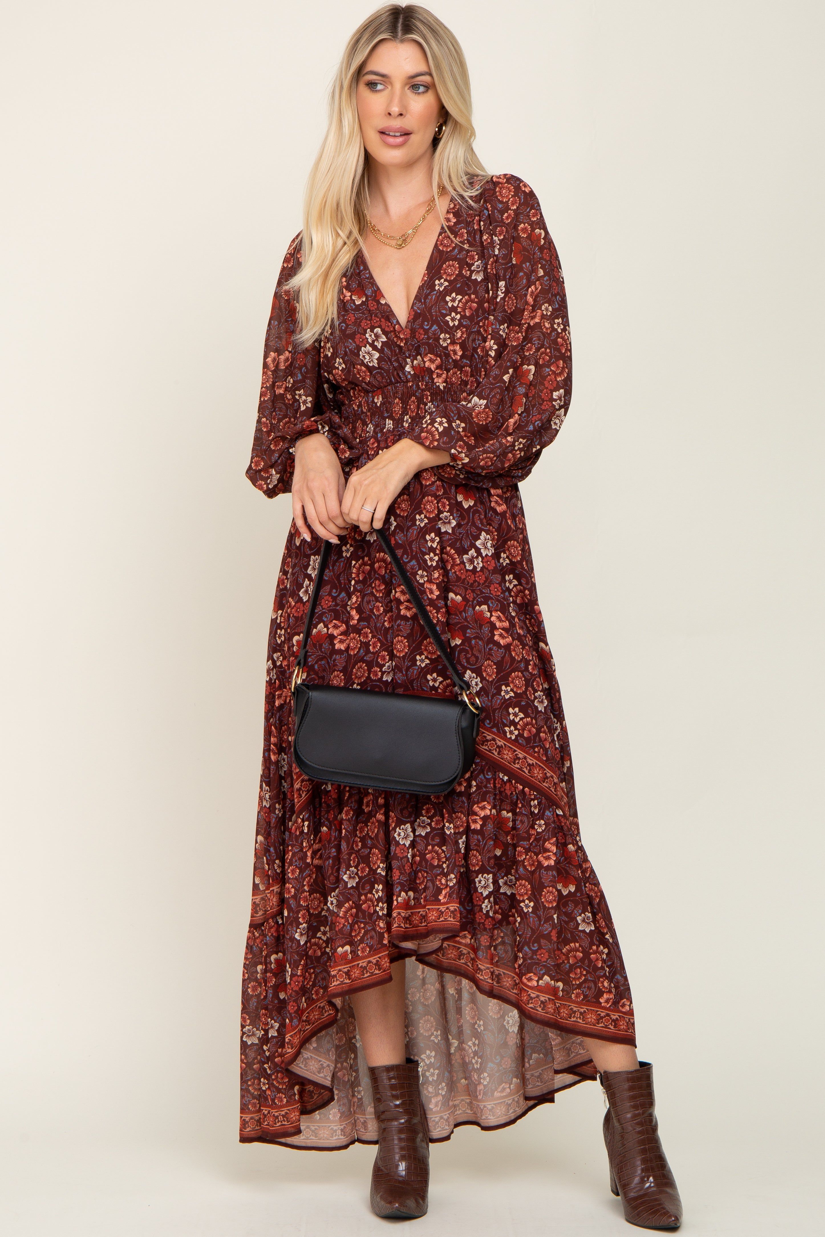 Brown Floral Hi-Lo Train Maxi Dress sold by Pinkblush product image thumbnail 4
