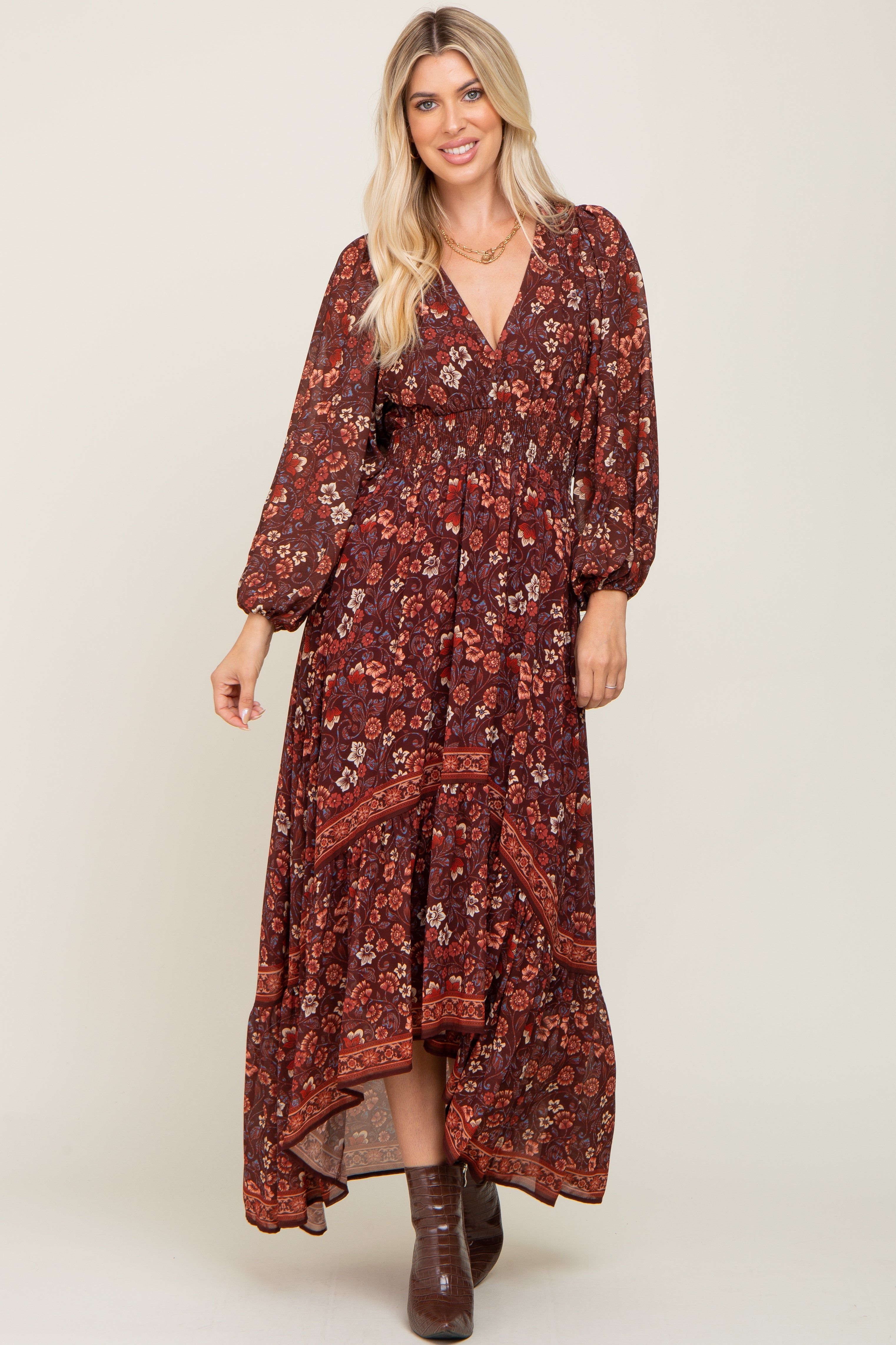 Brown Floral Hi-Lo Train Maxi Dress sold by Pinkblush