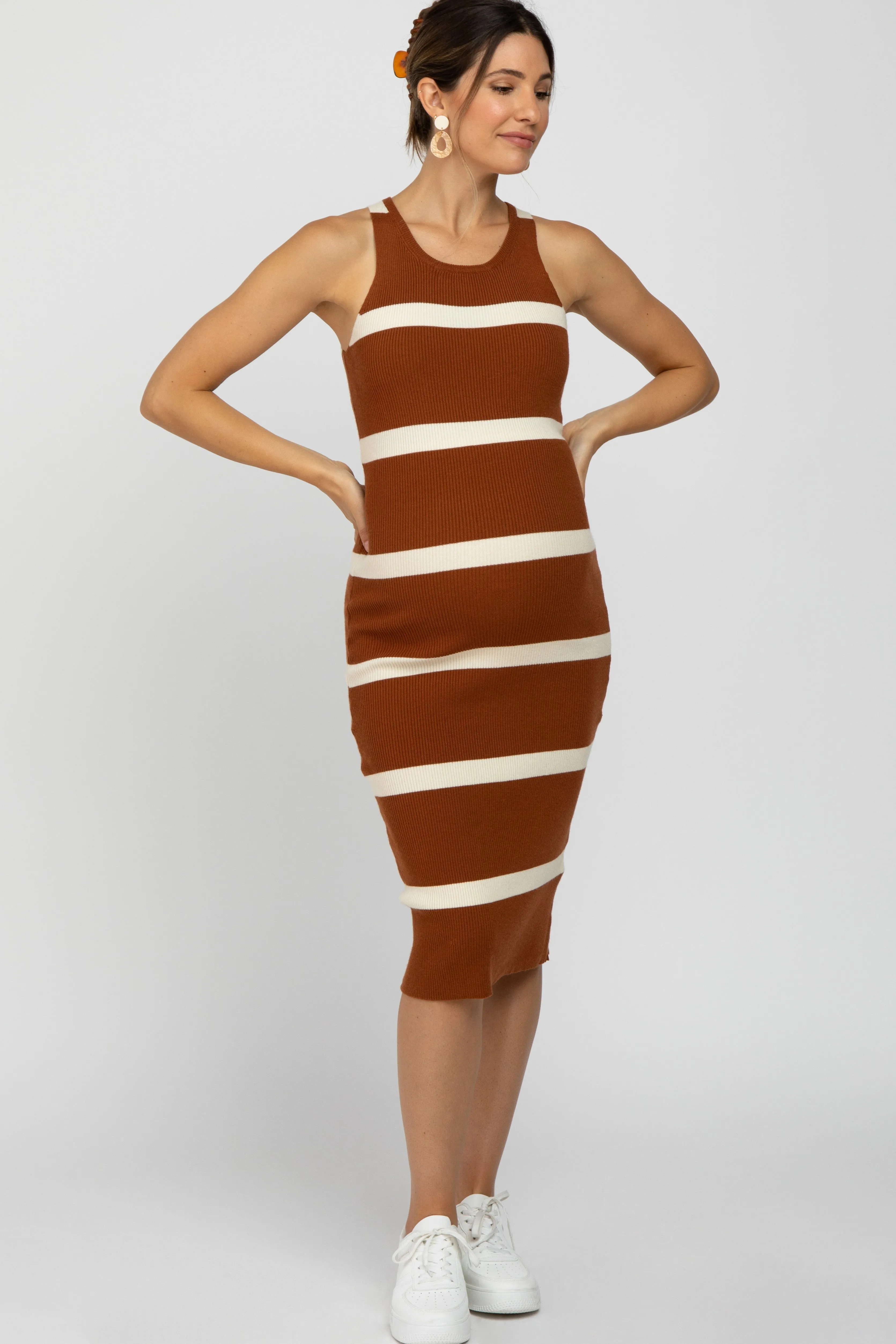 Rust Striped Sleeveless Sweater Maternity Midi Dress sold by Pinkblush