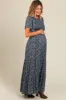 Navy Blue Floral Smocked Flutter Sleeve Maternity Maxi Dress sold by Pinkblush