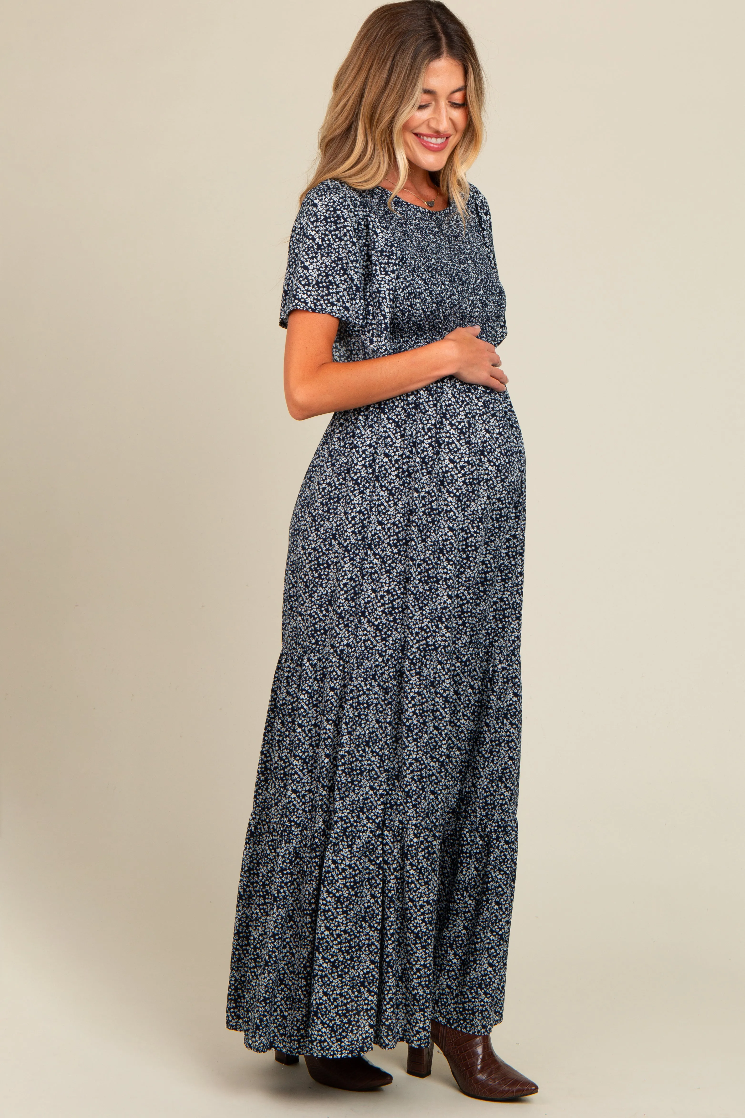 Navy Blue Floral Smocked Flutter Sleeve Maternity Maxi Dress sold by Pinkblush product image thumbnail 3