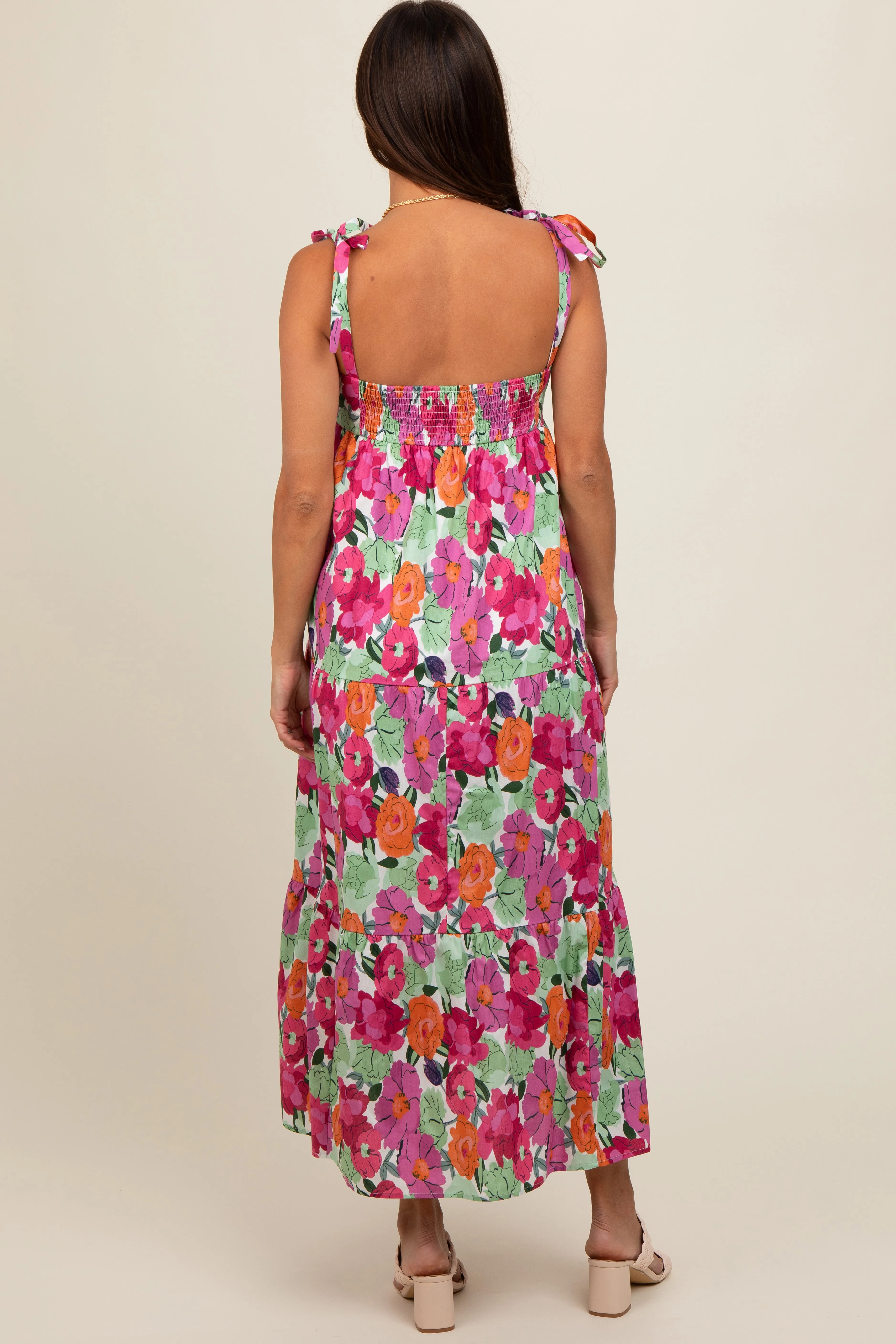 Multi-Color Floral Shoulder Tie Tiered Maternity Midi Dress sold by Pinkblush product image thumbnail 2