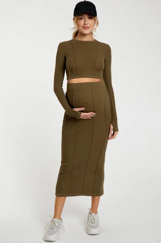 Olive Exposed Seams Top and Skirt Maternity Set sold by Pinkblush