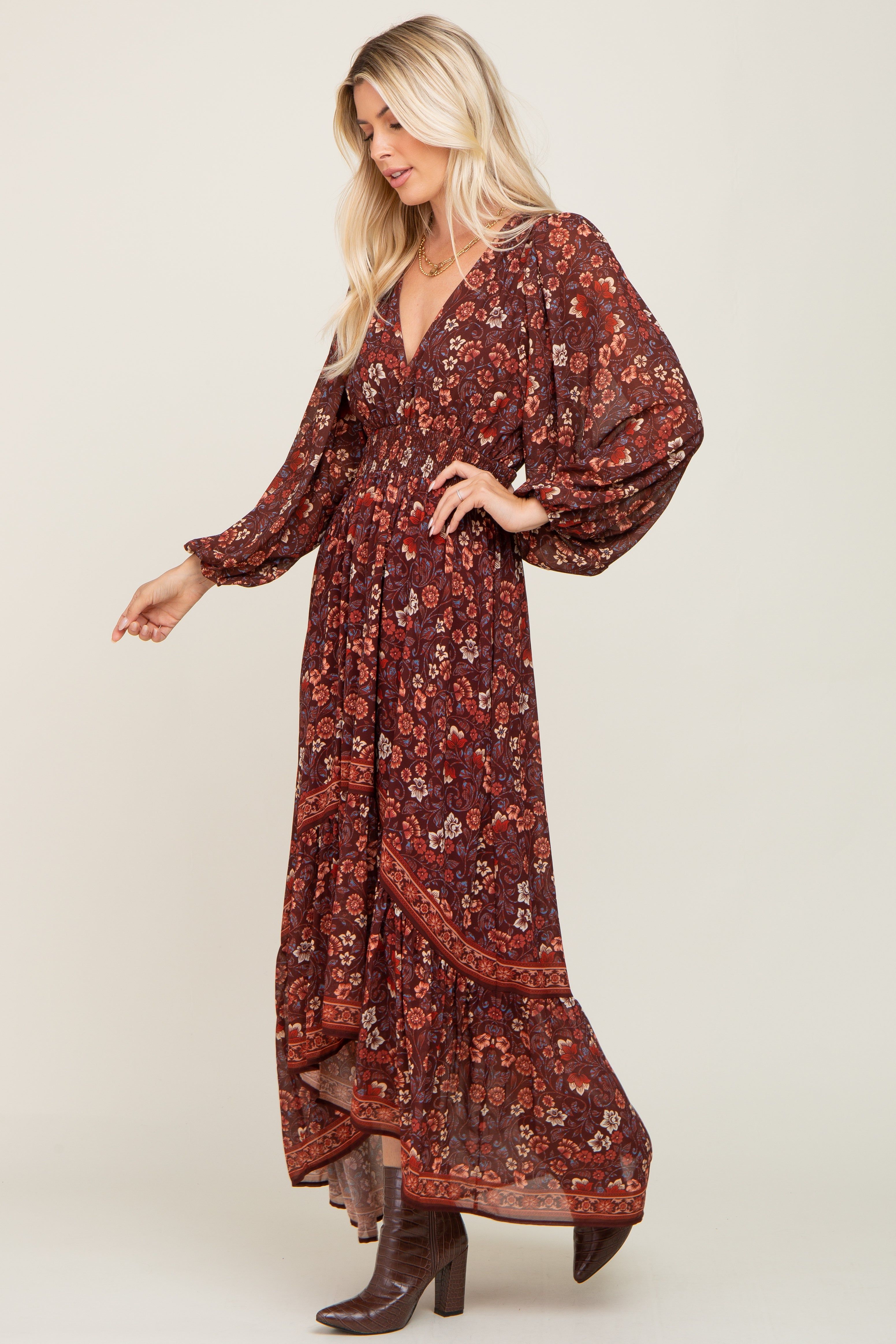 Brown Floral Hi-Lo Train Maxi Dress sold by Pinkblush product image thumbnail 2