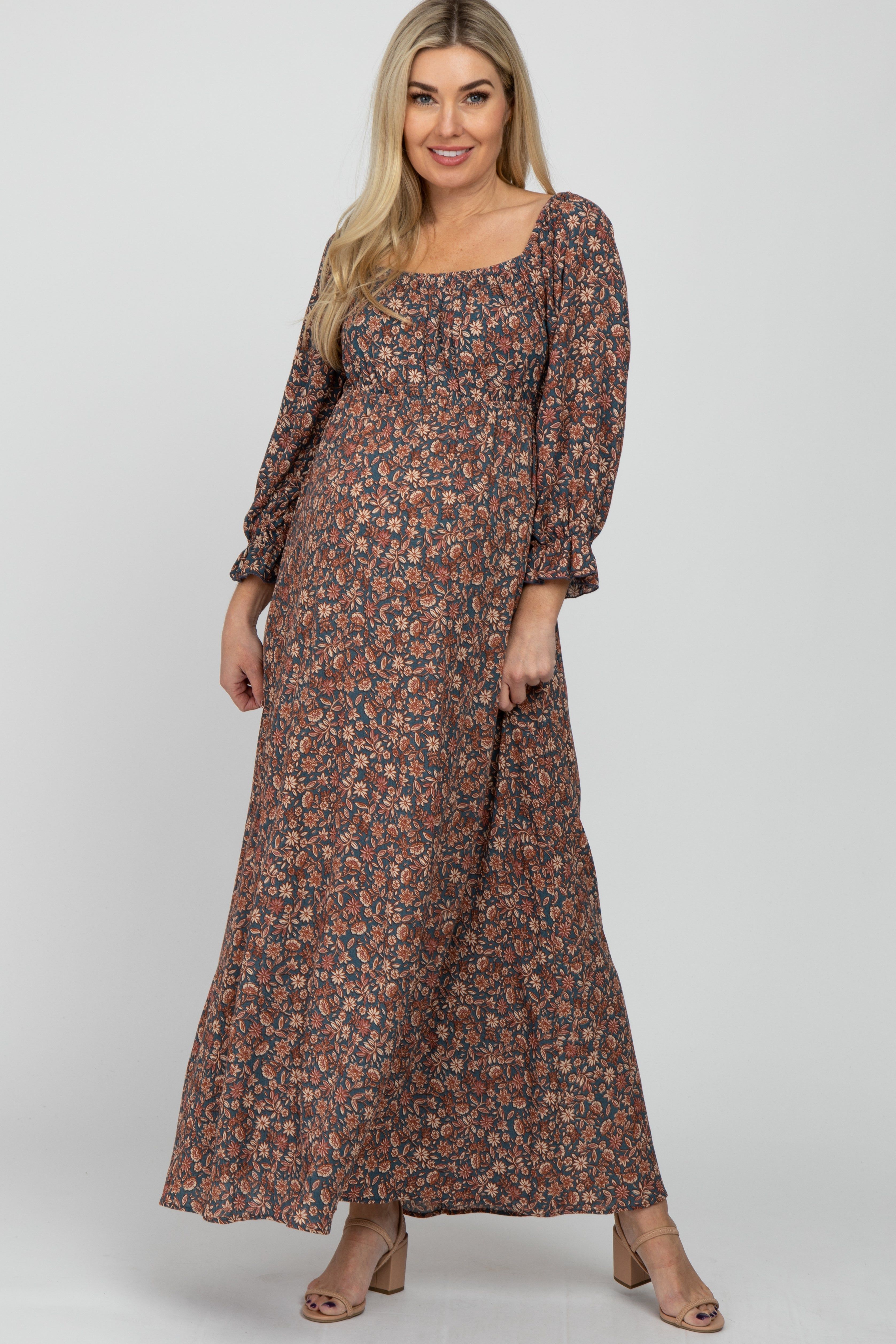Teal Floral Maternity Maxi Dress sold by Pinkblush