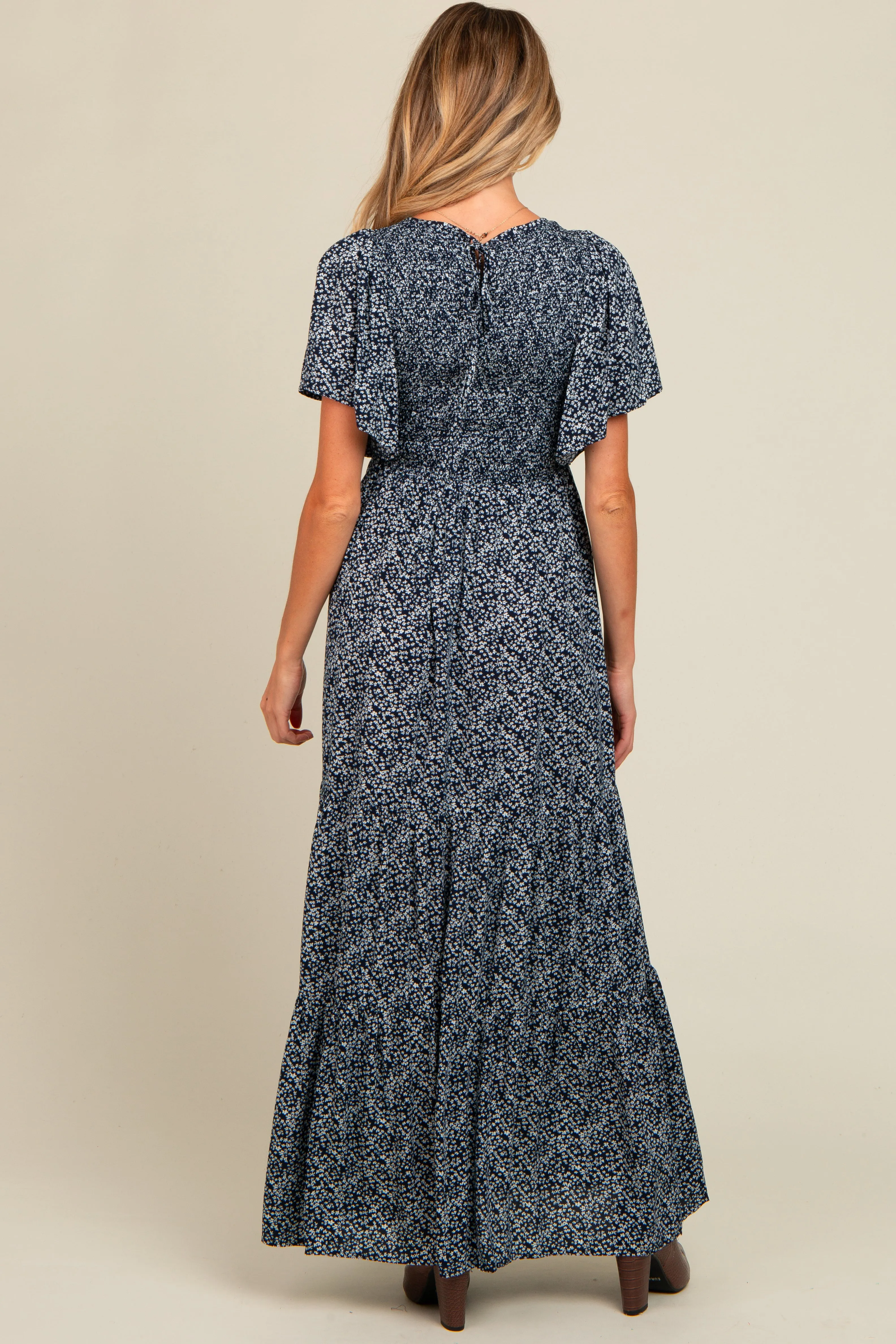 Navy Blue Floral Smocked Flutter Sleeve Maternity Maxi Dress sold by Pinkblush product image thumbnail 4
