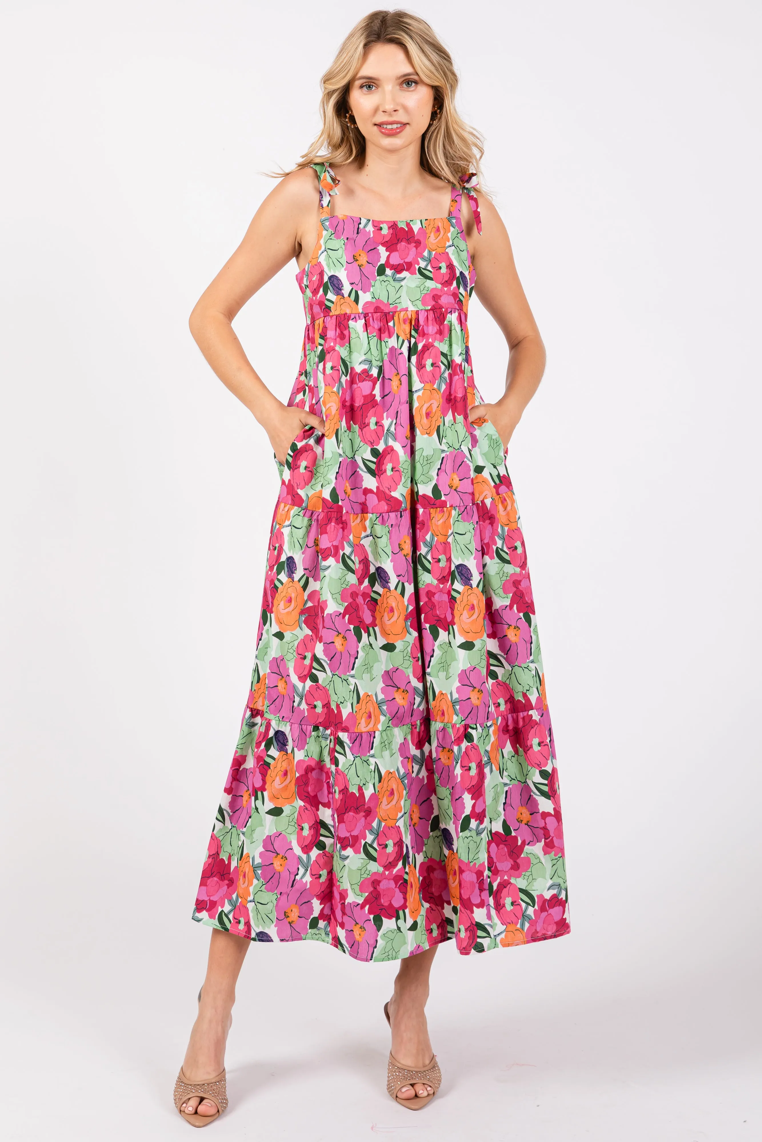 Multi-Color Floral Shoulder Tie Tiered Maternity Midi Dress sold by Pinkblush product image thumbnail 3