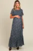 Navy Blue Floral Smocked Flutter Sleeve Maternity Maxi Dress sold by Pinkblush