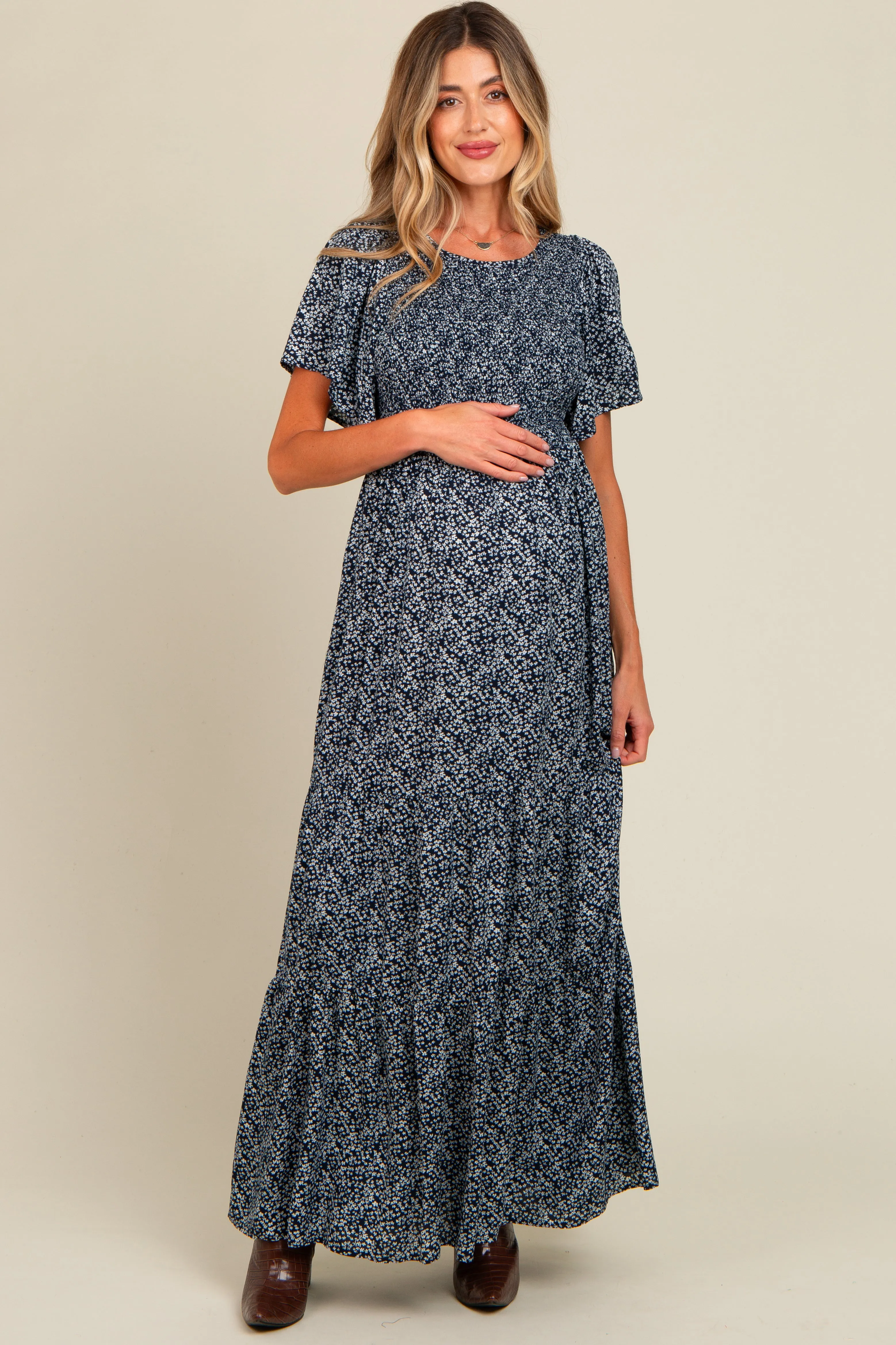 Navy Blue Floral Smocked Flutter Sleeve Maternity Maxi Dress sold by Pinkblush