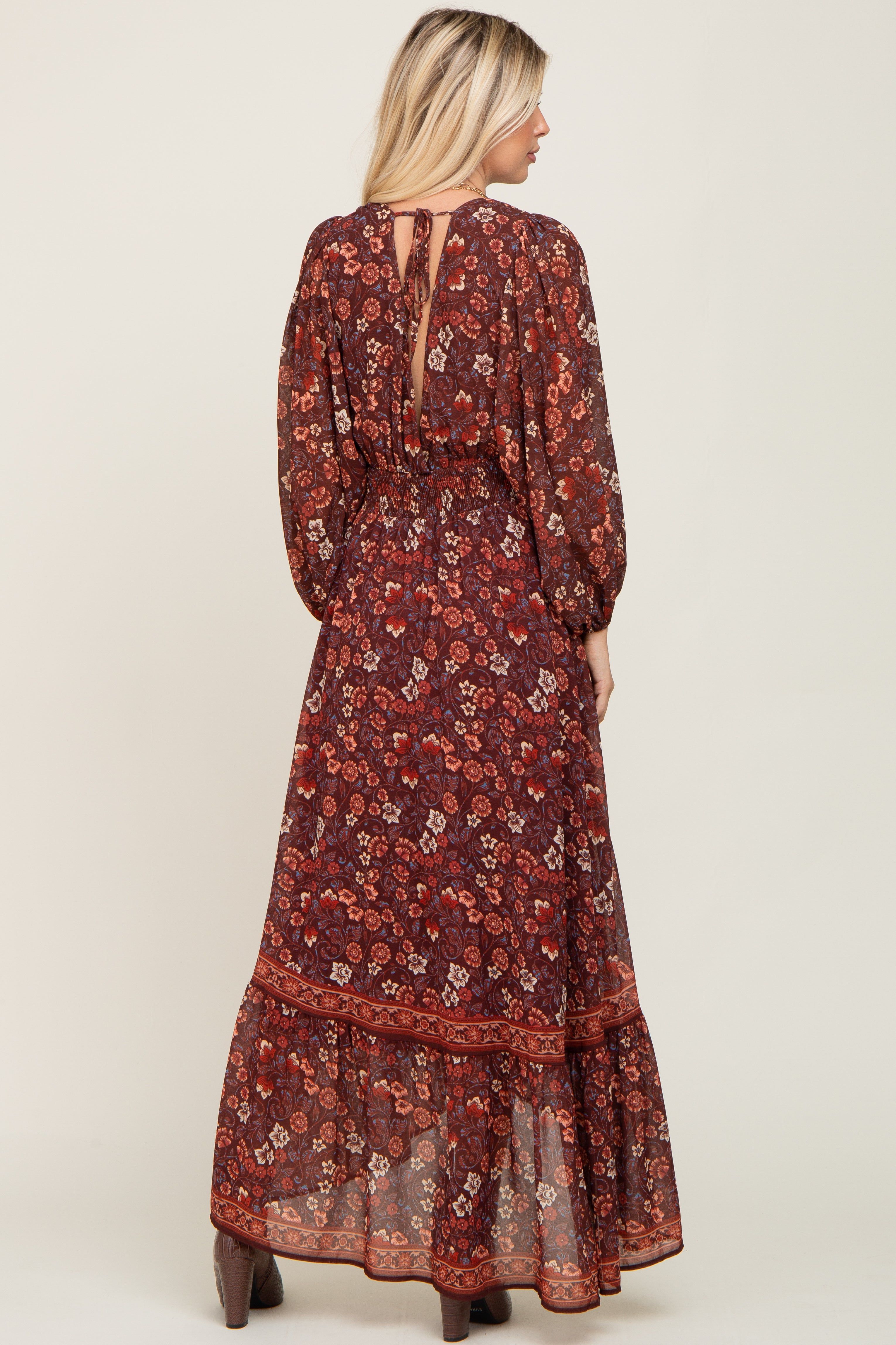 Brown Floral Hi-Lo Train Maxi Dress sold by Pinkblush product image thumbnail 3