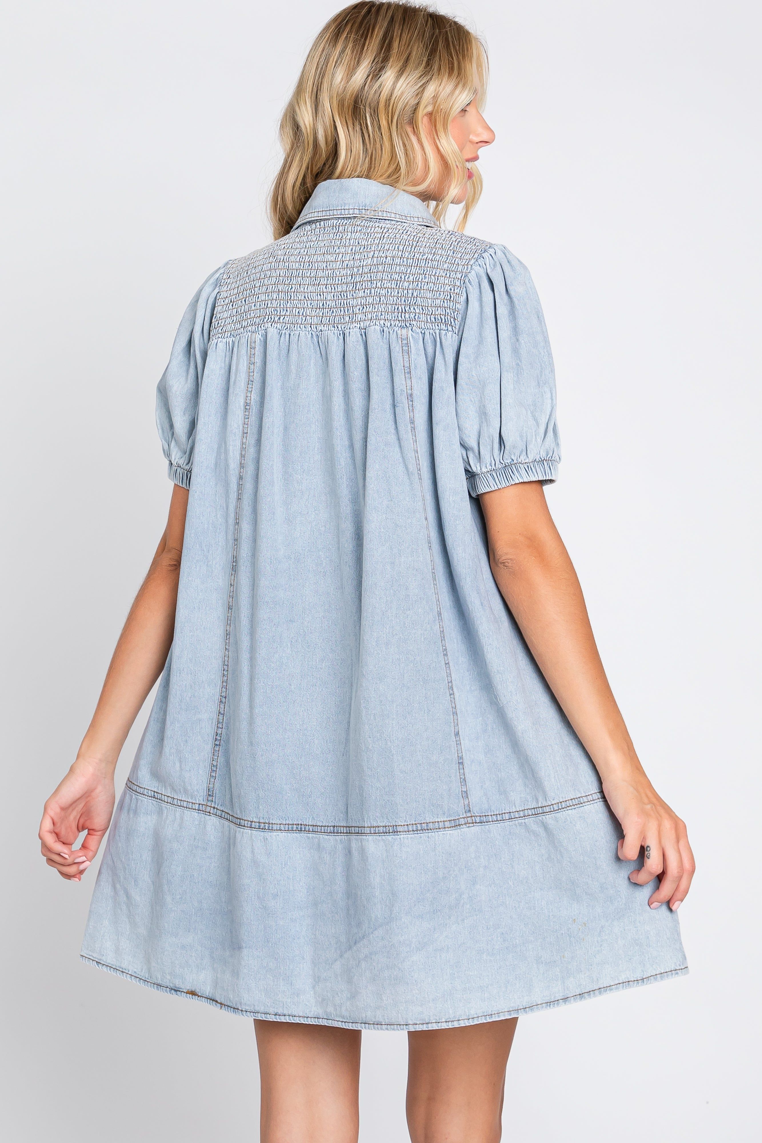 Light Blue Denim Smocked Button Up Dress sold by Pinkblush product image thumbnail 3