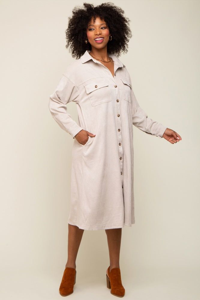 Beige Knit Corduroy Button Down Midi Dress sold by Pinkblush
