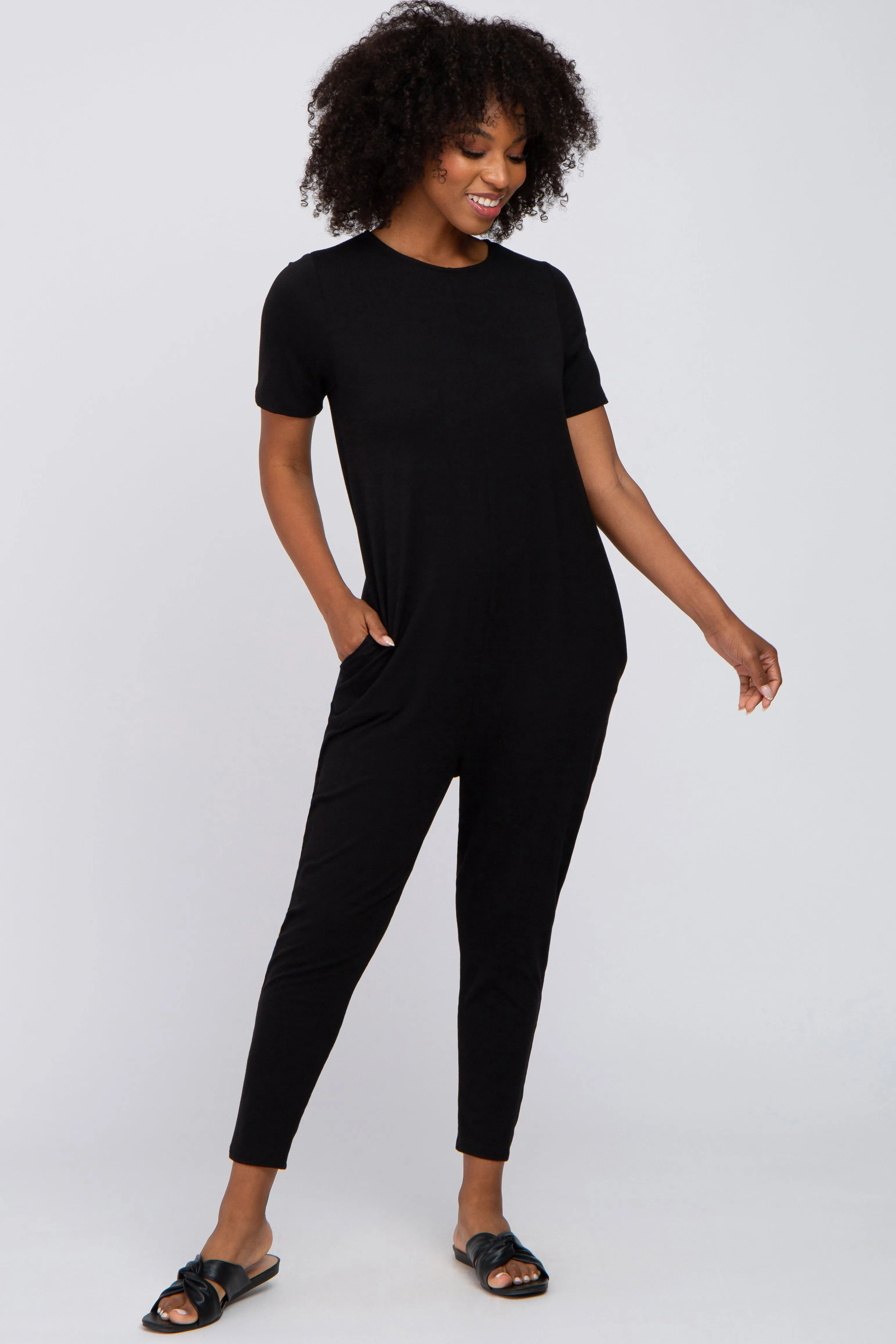 Black Basic Short Sleeve Maternity Jumpsuit sold by Pinkblush product image thumbnail 5